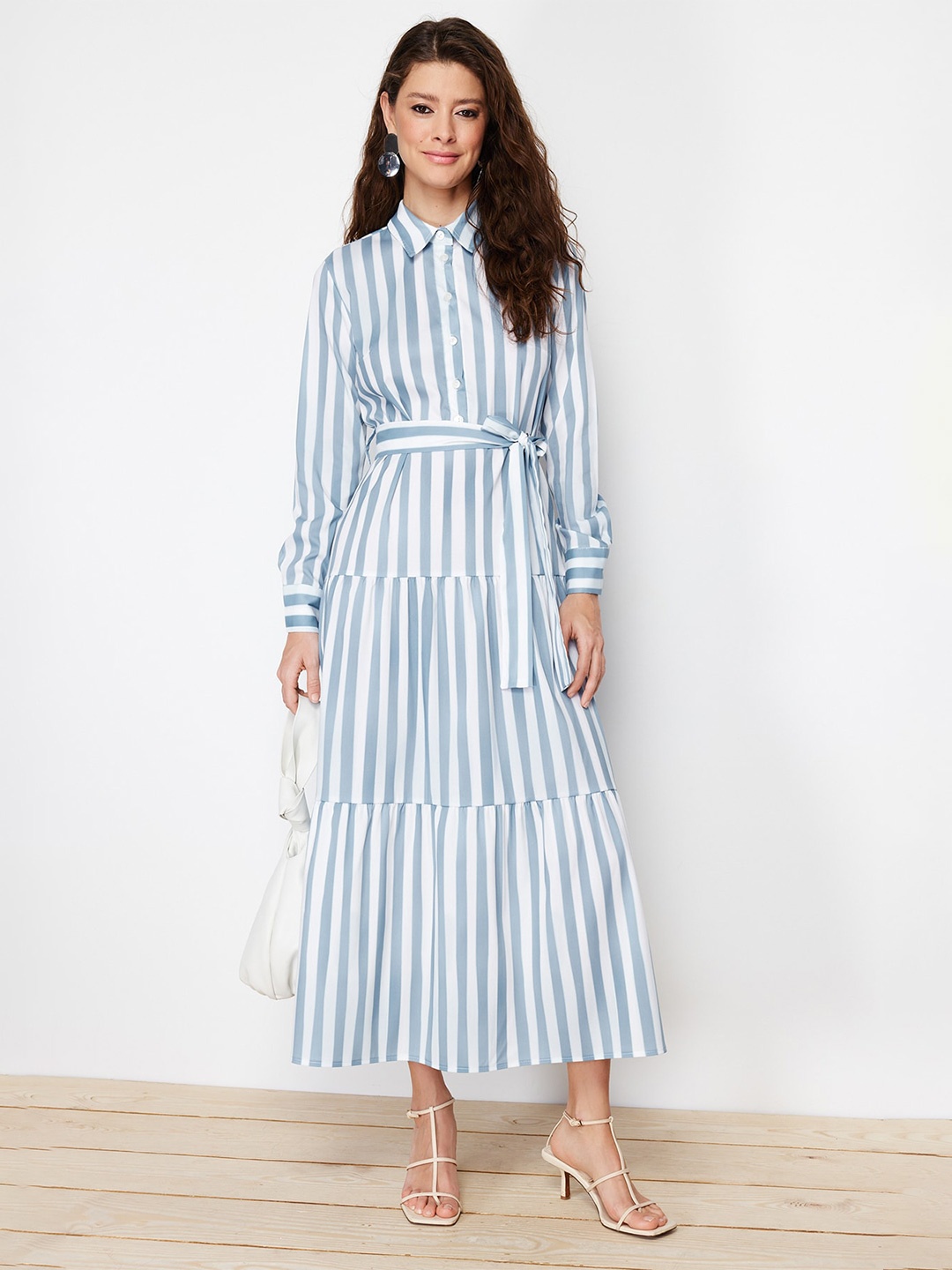 

Trendyol Striped Shirt Collar Tiered & Tie-Ups Detail Shirt Midi Dress, Blue