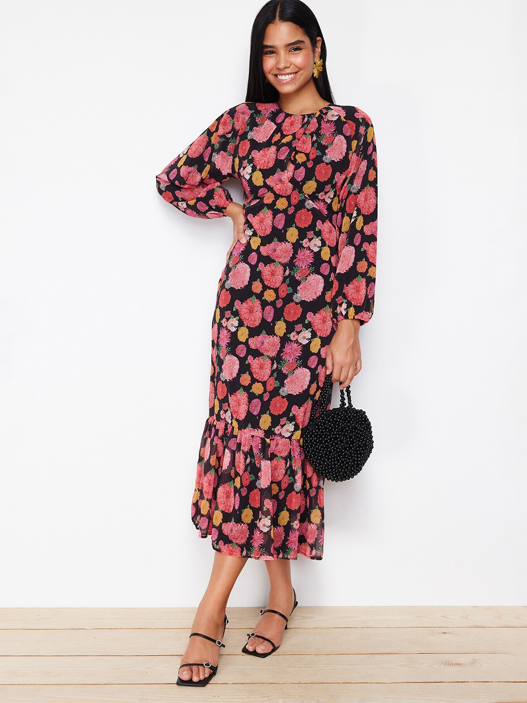 

Trendyol Floral Printed Puff Sleeve Fit & Flare Midi Dress, Black