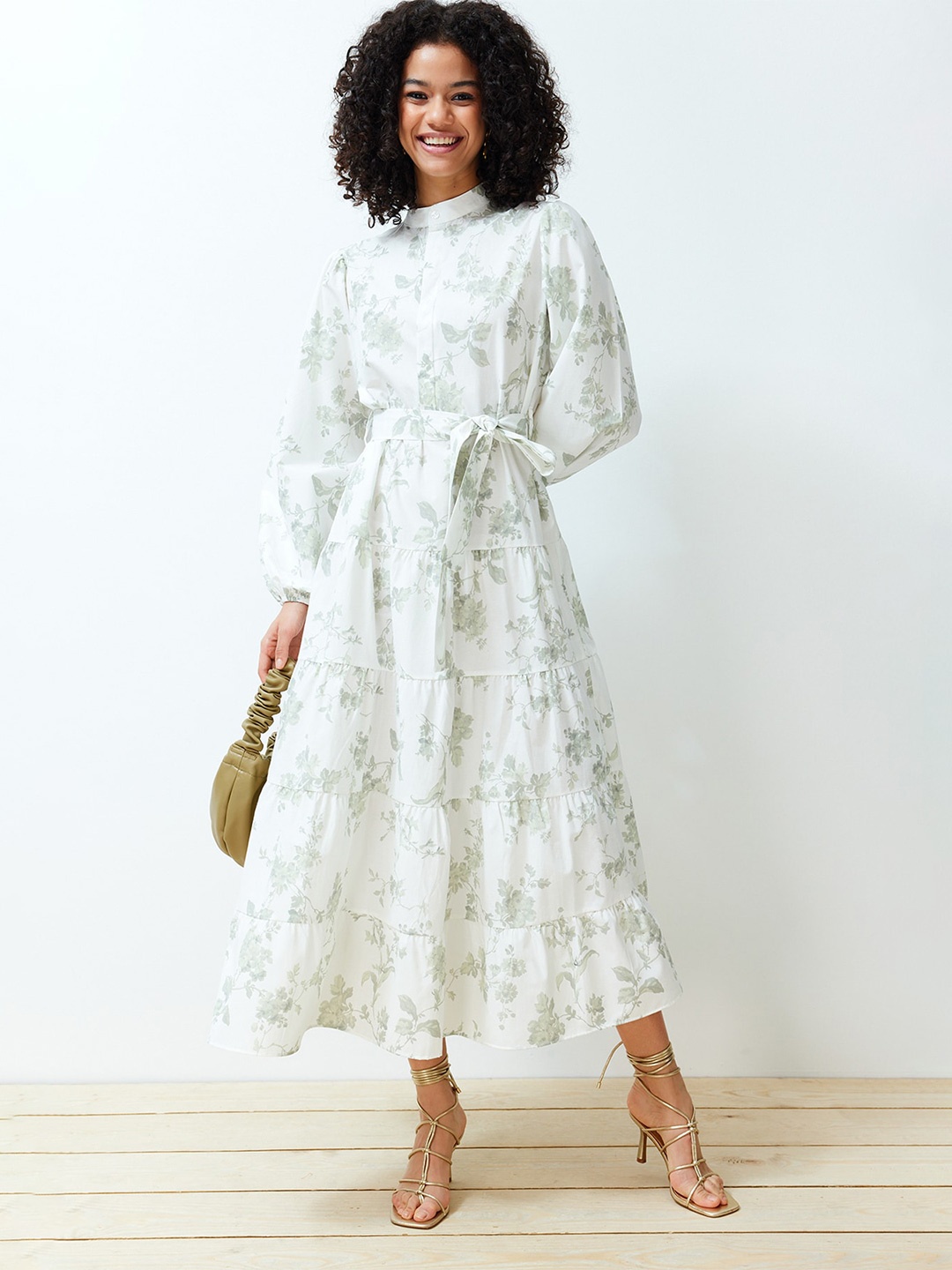 

Trendyol Floral Print High Neck Puff Sleeve Fit & Flare Midi Dress, Off white