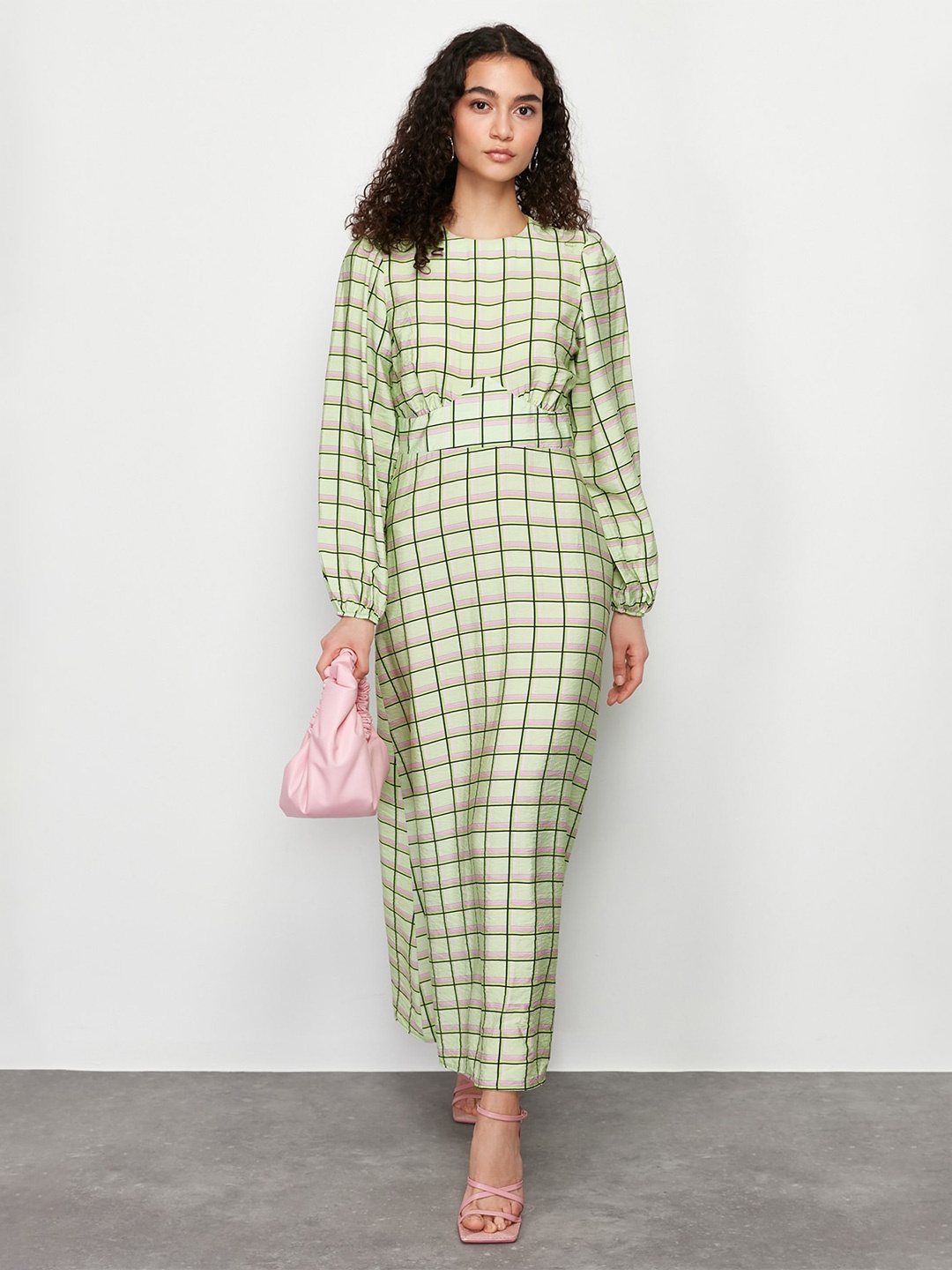 

Trendyol Checked Puff Sleeves Maxi Dress, Green