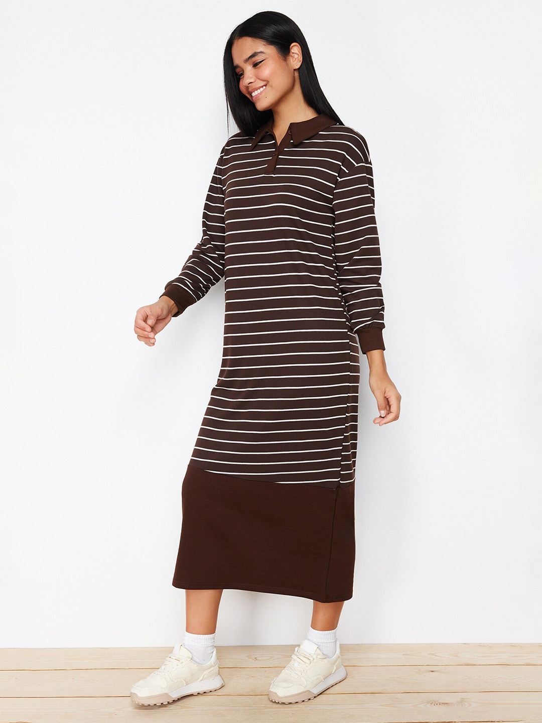 

Trendyol Striped Shirt Collar T-shirt Midi Dress, Brown