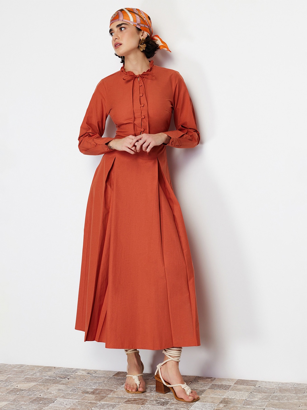 

Trendyol Tie-Up Neck Cuffed Sleeves Fit and Flare Midi Dress, Rust