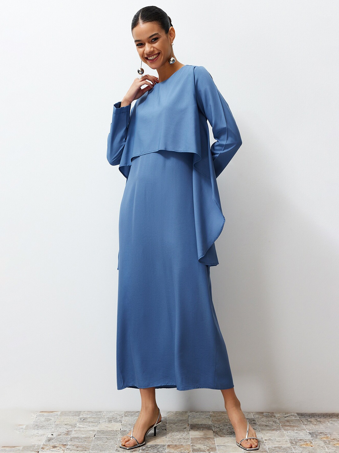 

Trendyol Flared Sleeves Layered Detail A-Line Maxi Dress, Blue