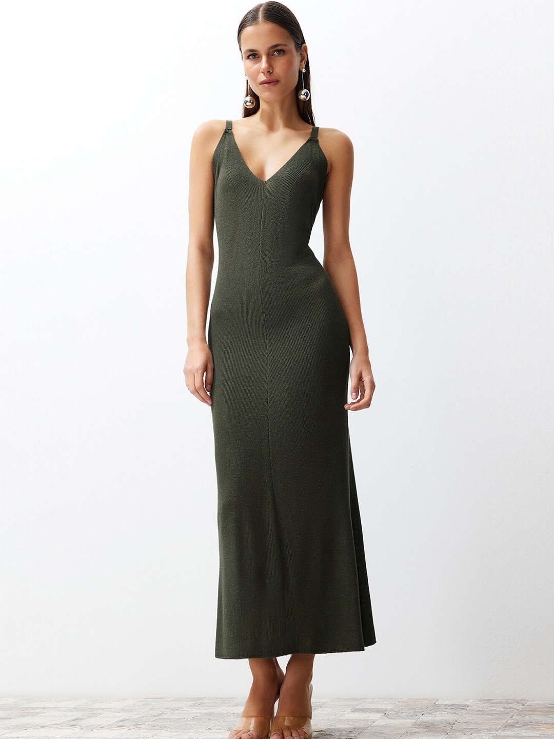 

Trendyol Shoulder Straps Sleeveless Sheath Midi Dress, Khaki