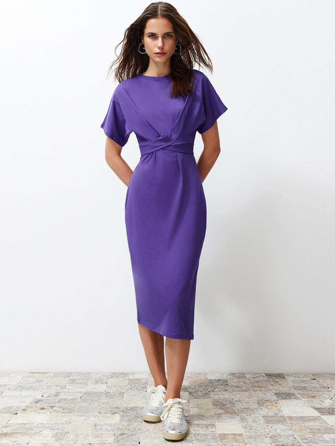 

Trendyol Round Neck Cotton Bodycon Midi Dress, Purple