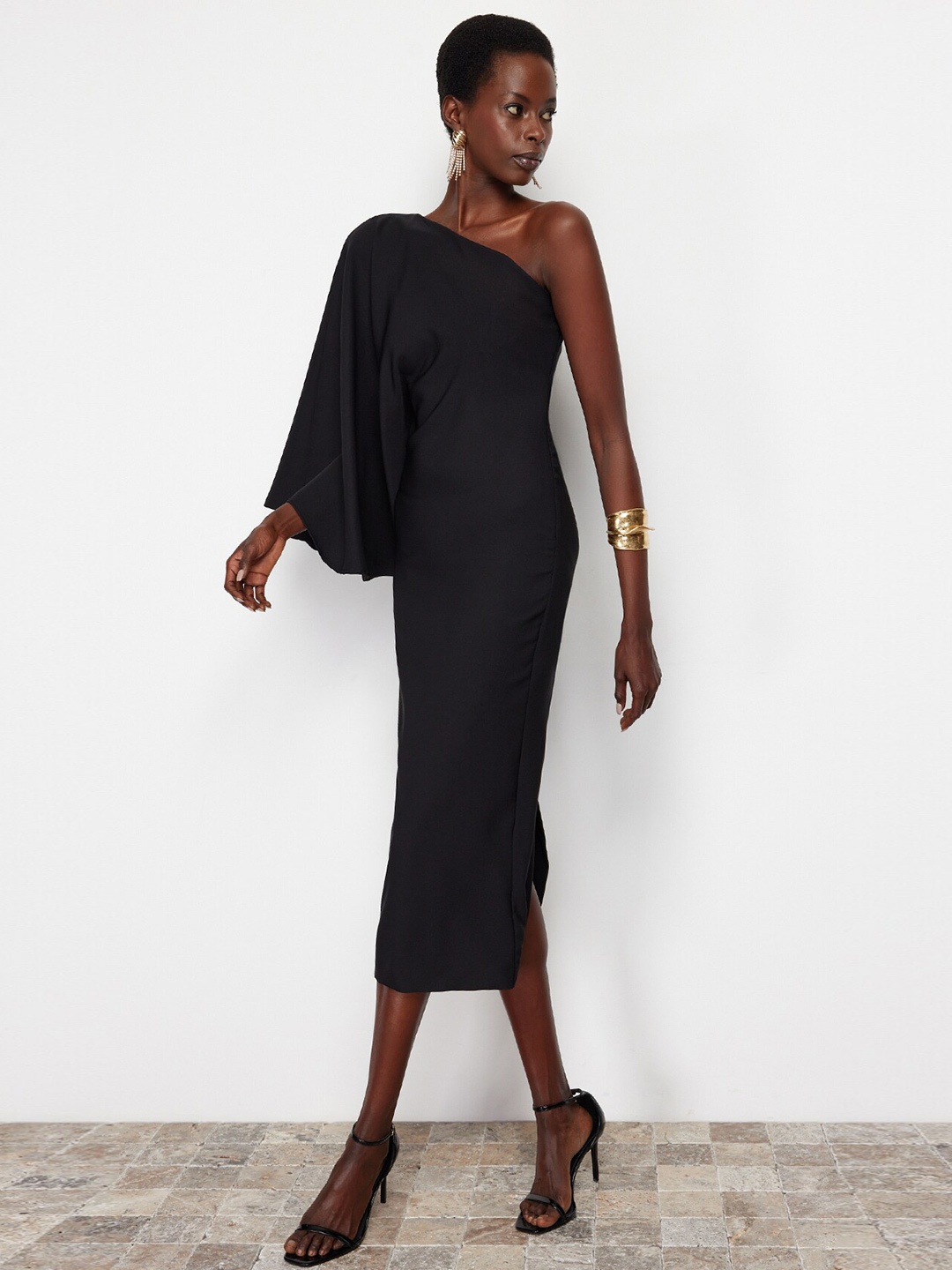 

Trendyol One Shoulder Flared Sleeve Sheath Midi Dress, Black