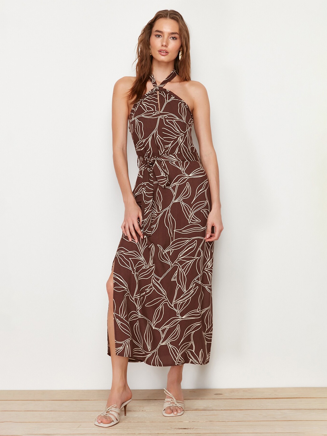 

Trendyol Printed Halter Neck Maxi Dress, Brown