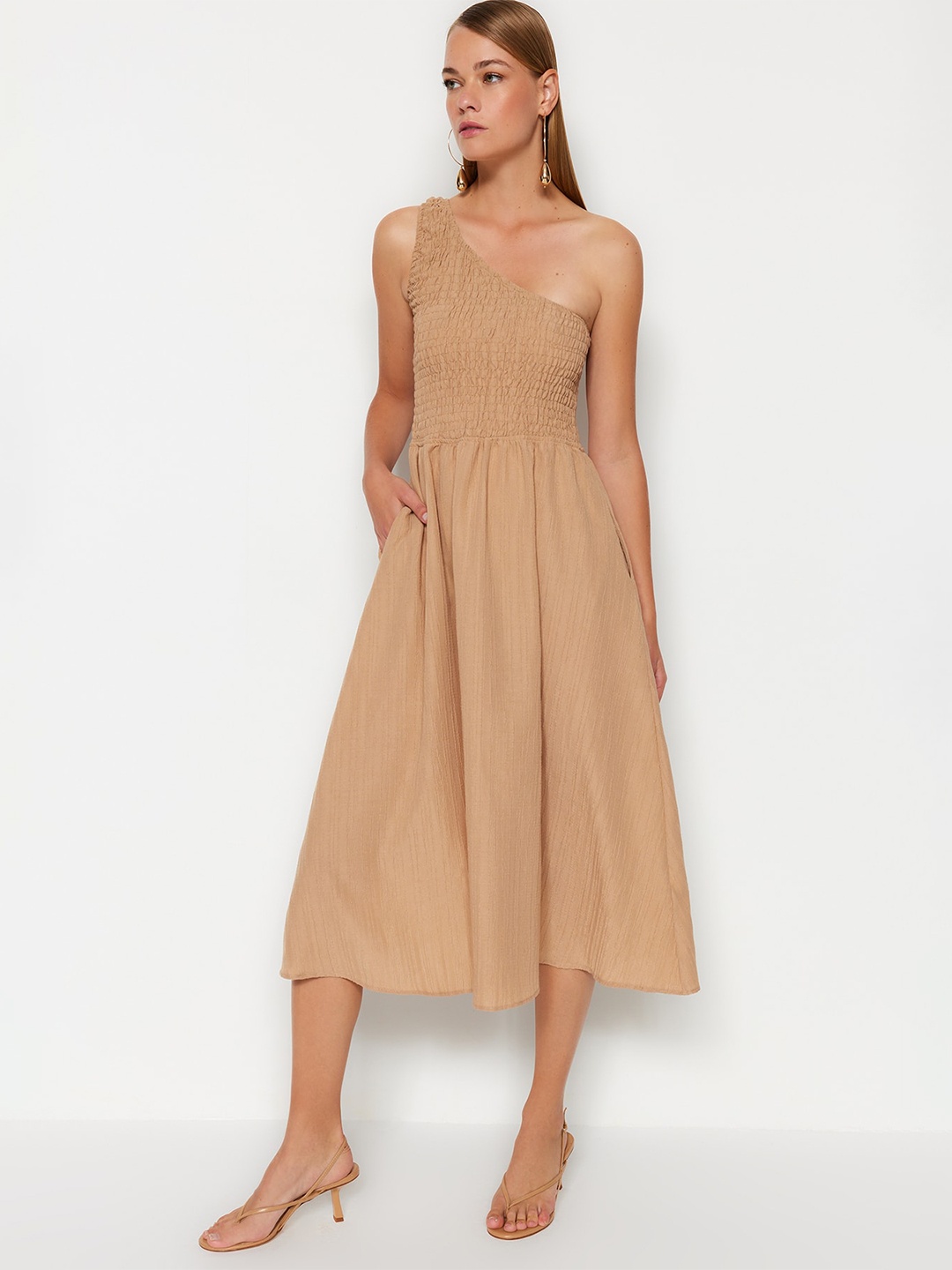 

Trendyol One Shoulder Fit & Flare Midi Dress, Camel brown