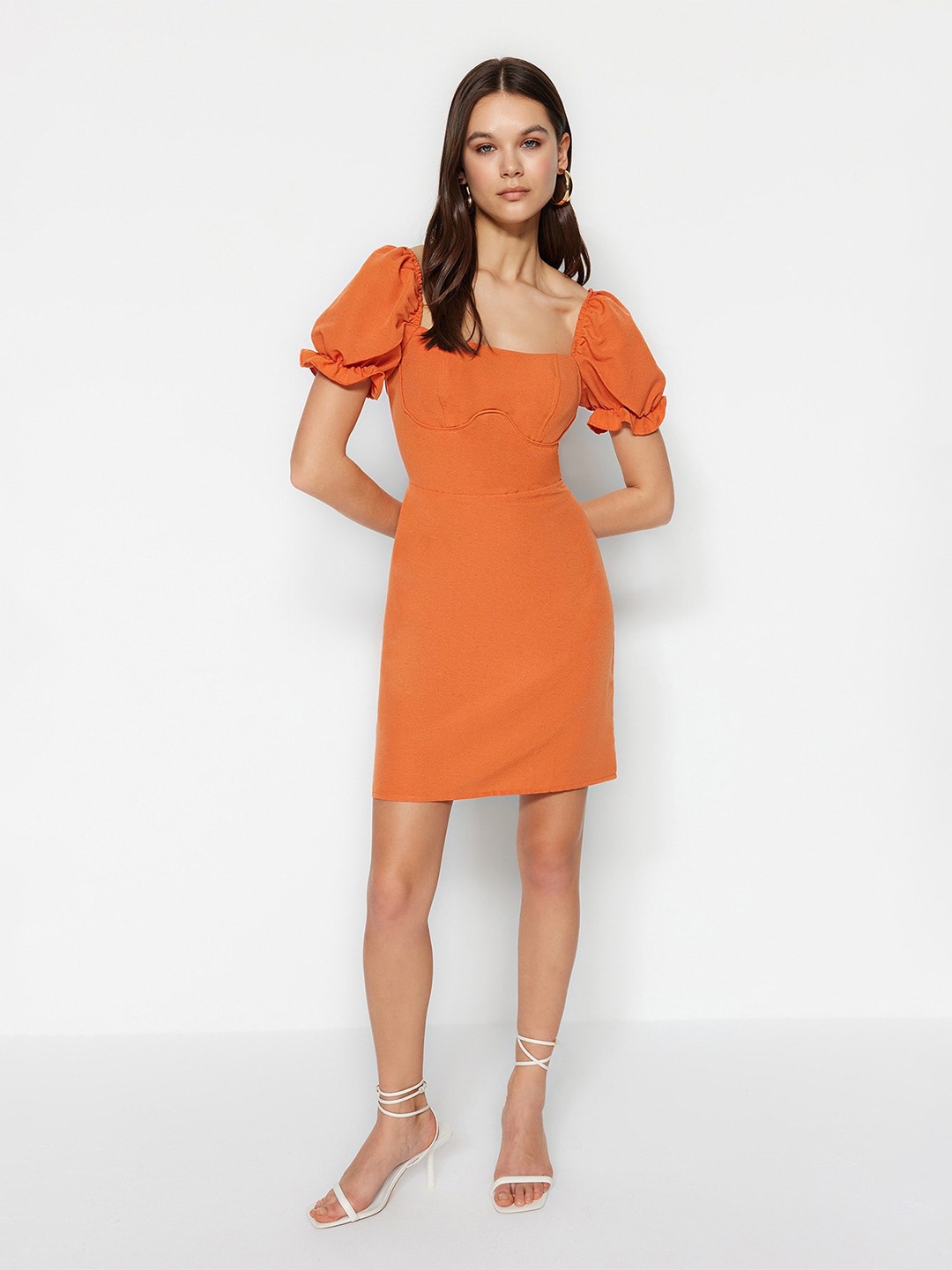 

Trendyol Puff Sleeves Square Neck Sheath Dress, Orange