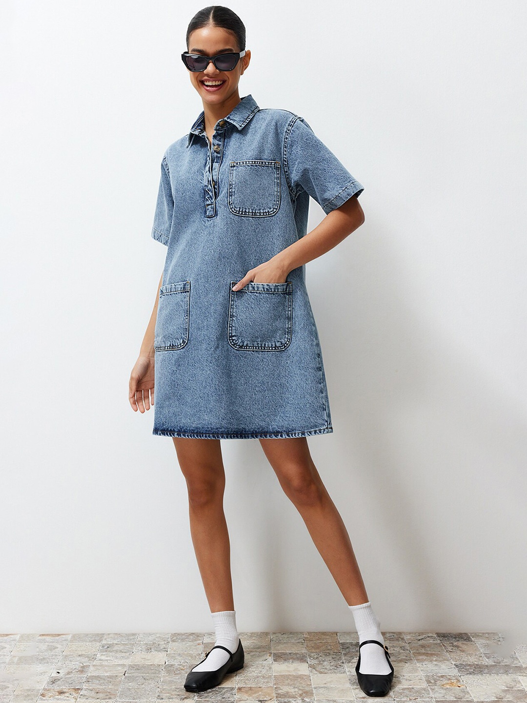 

Trendyol Shirt Collar Pure Cotton A-Line Dress, Blue