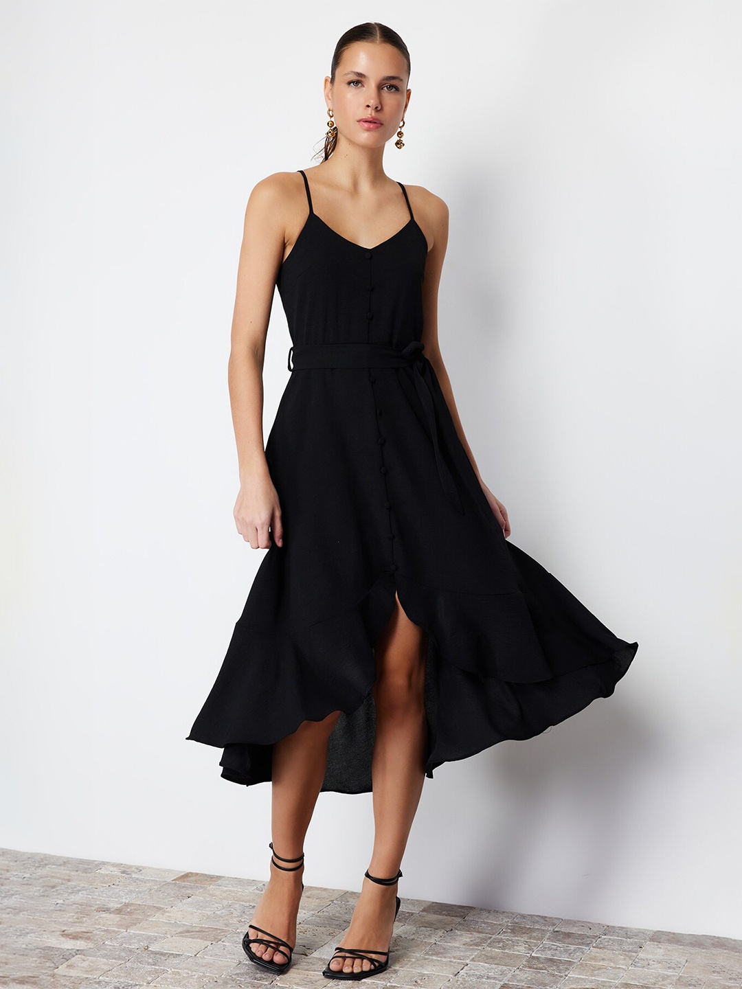 

Trendyol Shoulder Straps Belted Midi Fit & Flare Dress, Black