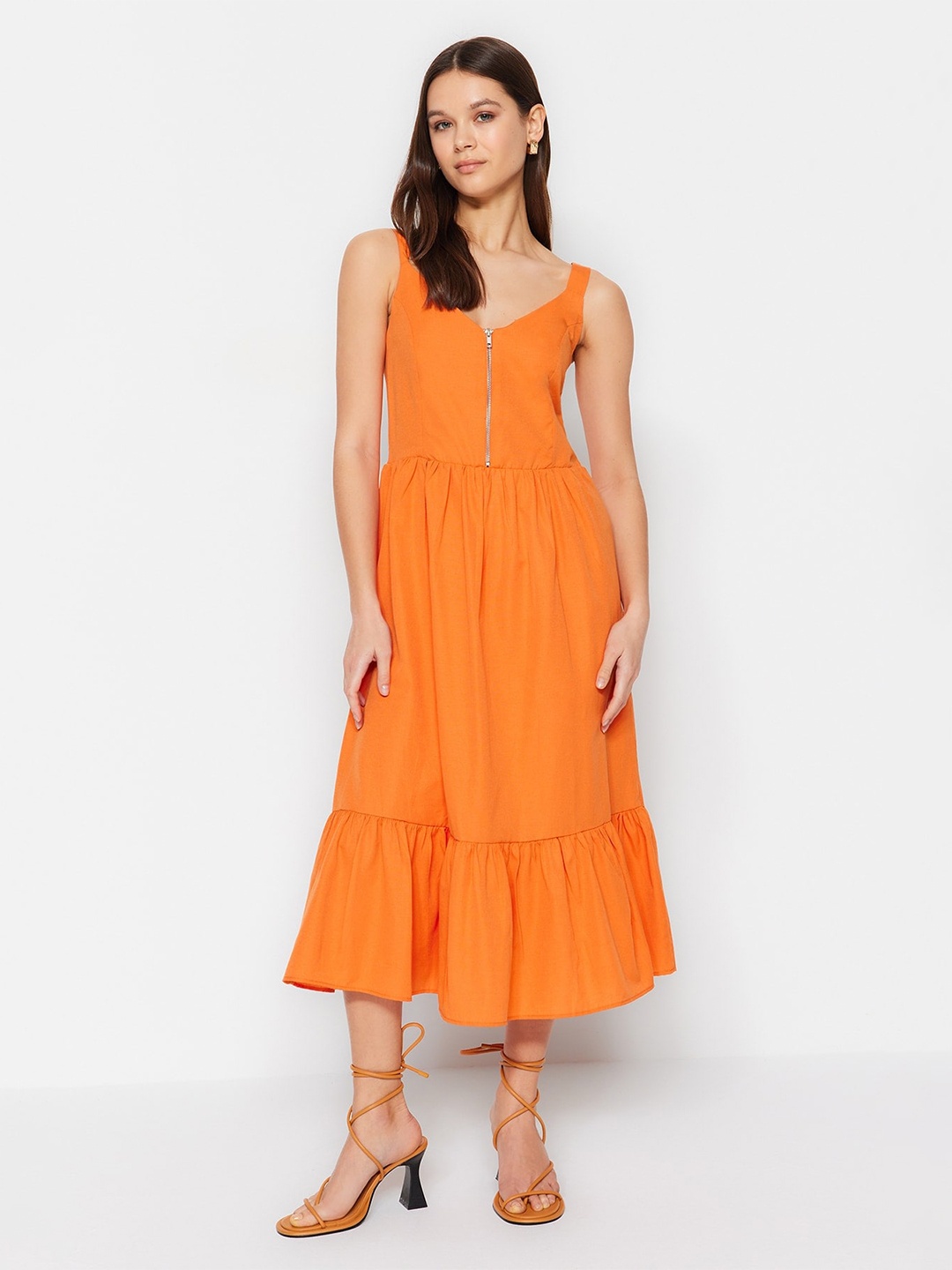 

Trendyol Shoulder Straps Fit & Flare Cotton Midi Dress, Orange