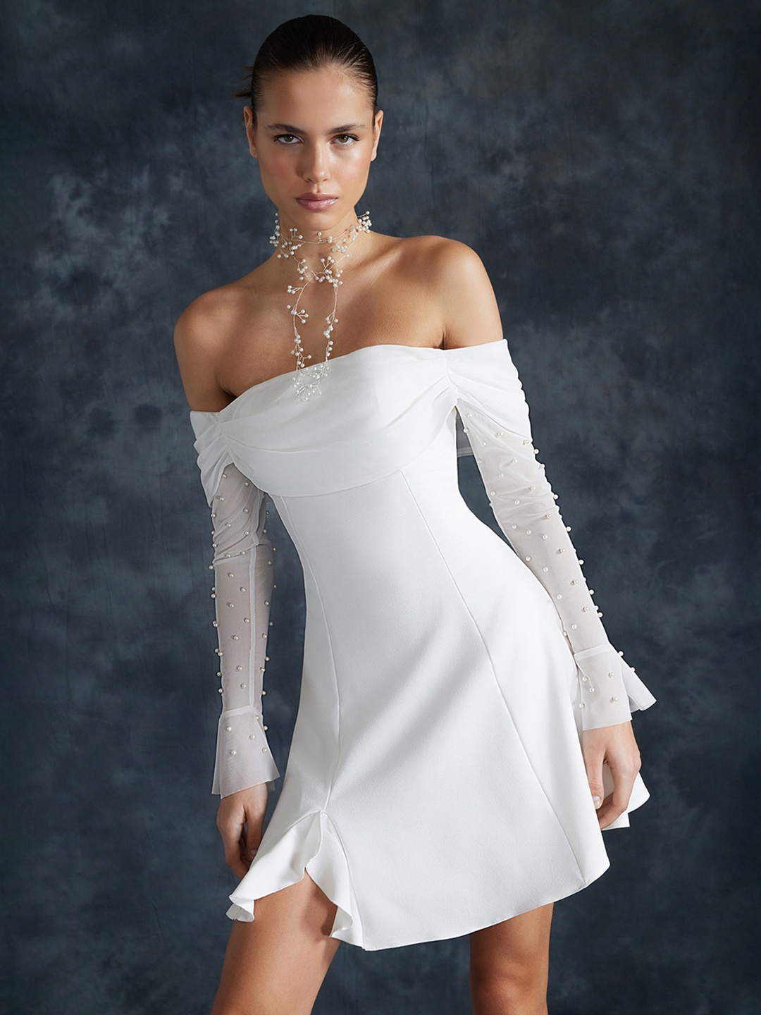 

Trendyol Off-Shoulder Bell Sleeve Embellished Sheath Dress, White