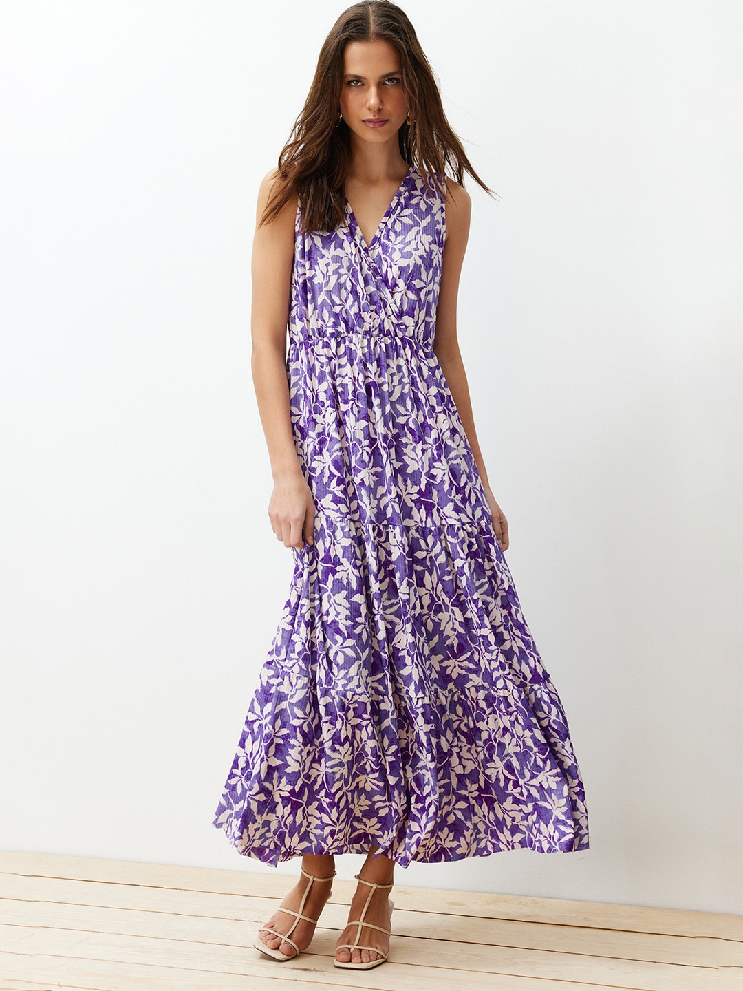 

Trendyol Floral Printed V Neck Fit And Flare Maxi Dress, Purple