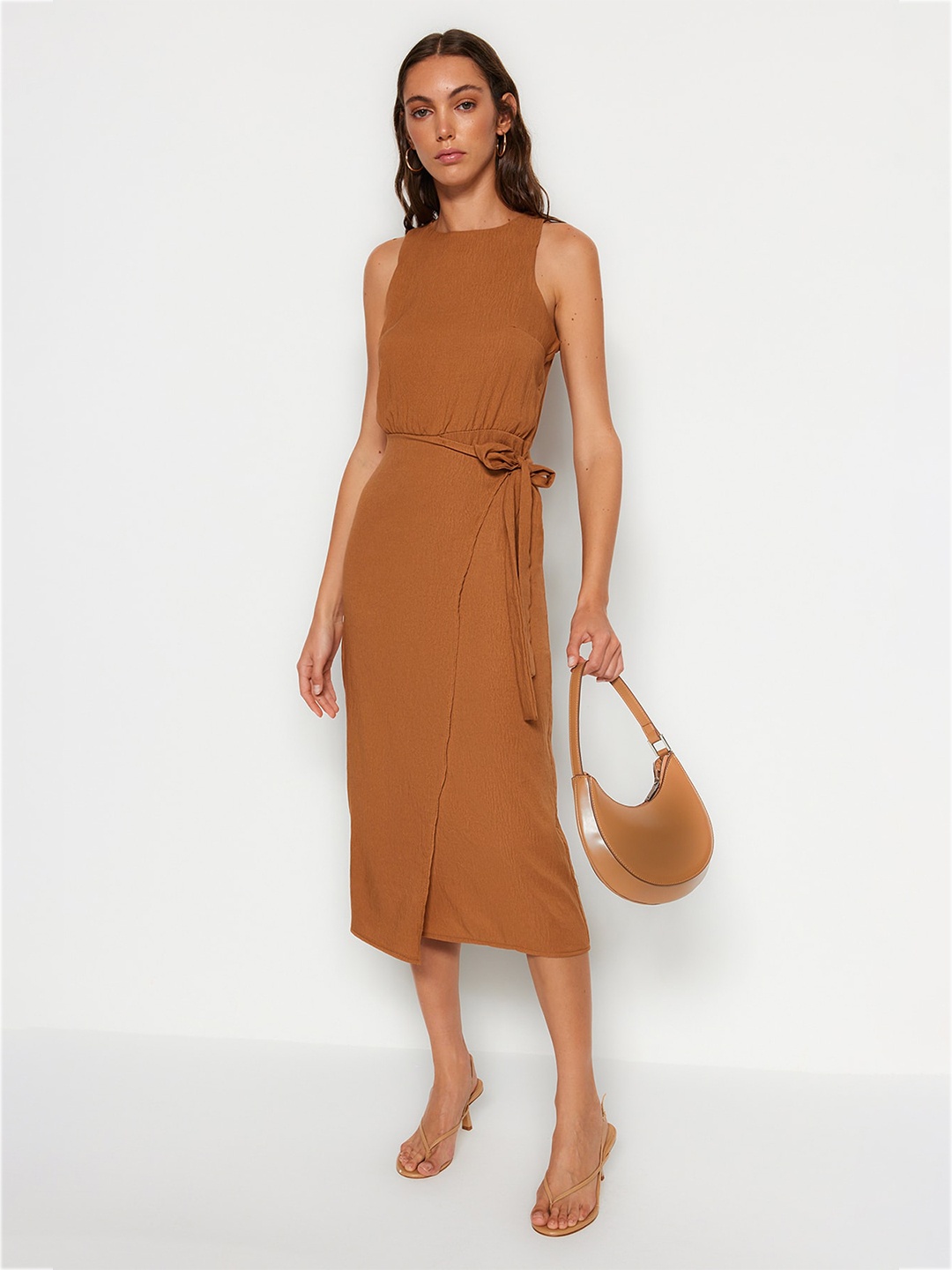 

Trendyol Sleeveless Sheath Midi Dress, Brown