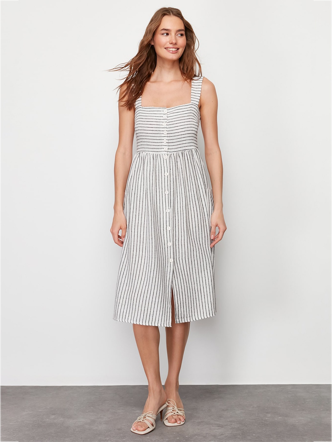 

Trendyol Striped Shoulder Straps Fit & Flare Cotton Midi Dress, White
