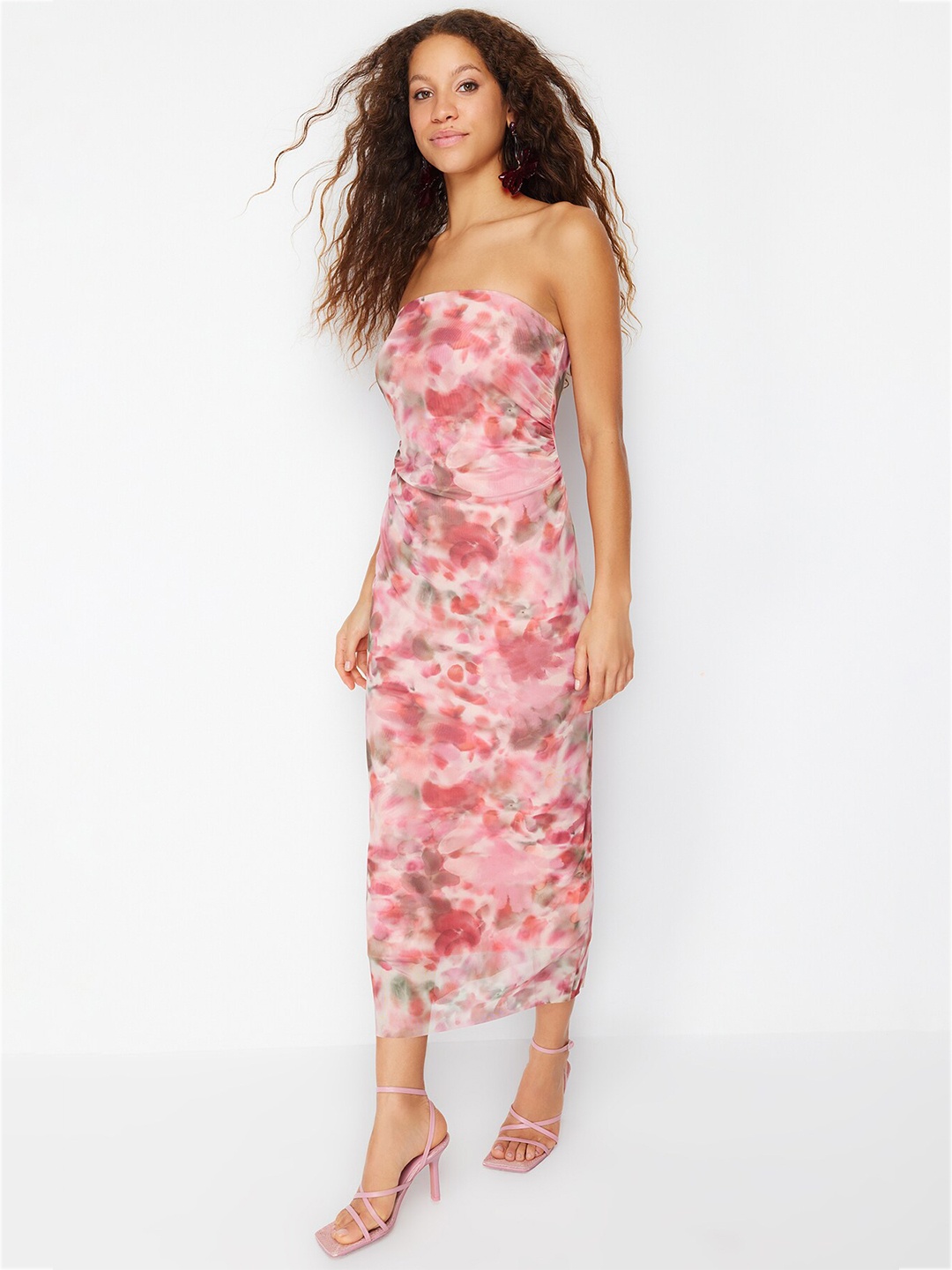 

Trendyol Floral Printed Strapless Bodycon Midi Dress, Pink