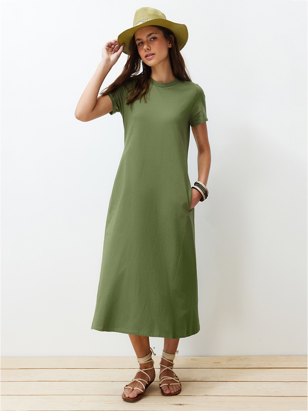 

Trendyol Pure Cotton A-Line Midi Dress, Green