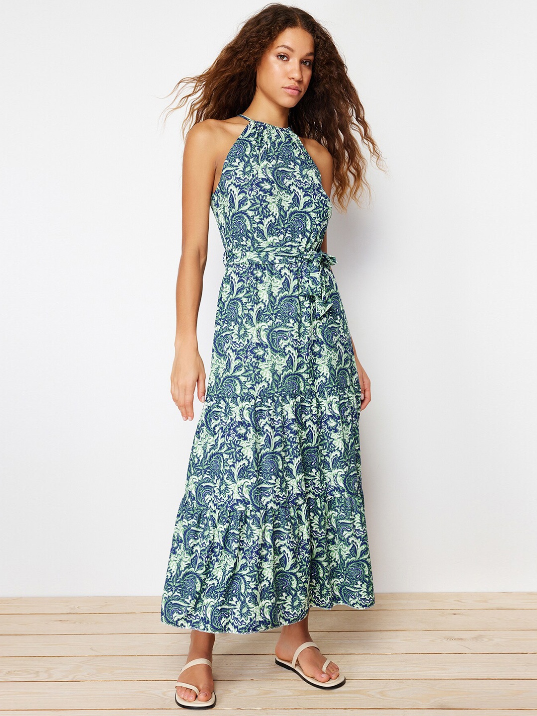 

Trendyol Floral Printed Halter Neck Belted Midi A-Line Dress, Green