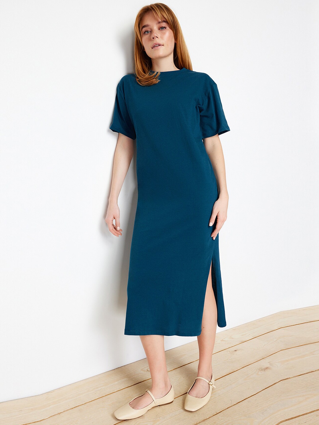 

Trendyol A-Line Pure Cotton Midi Dress, Blue