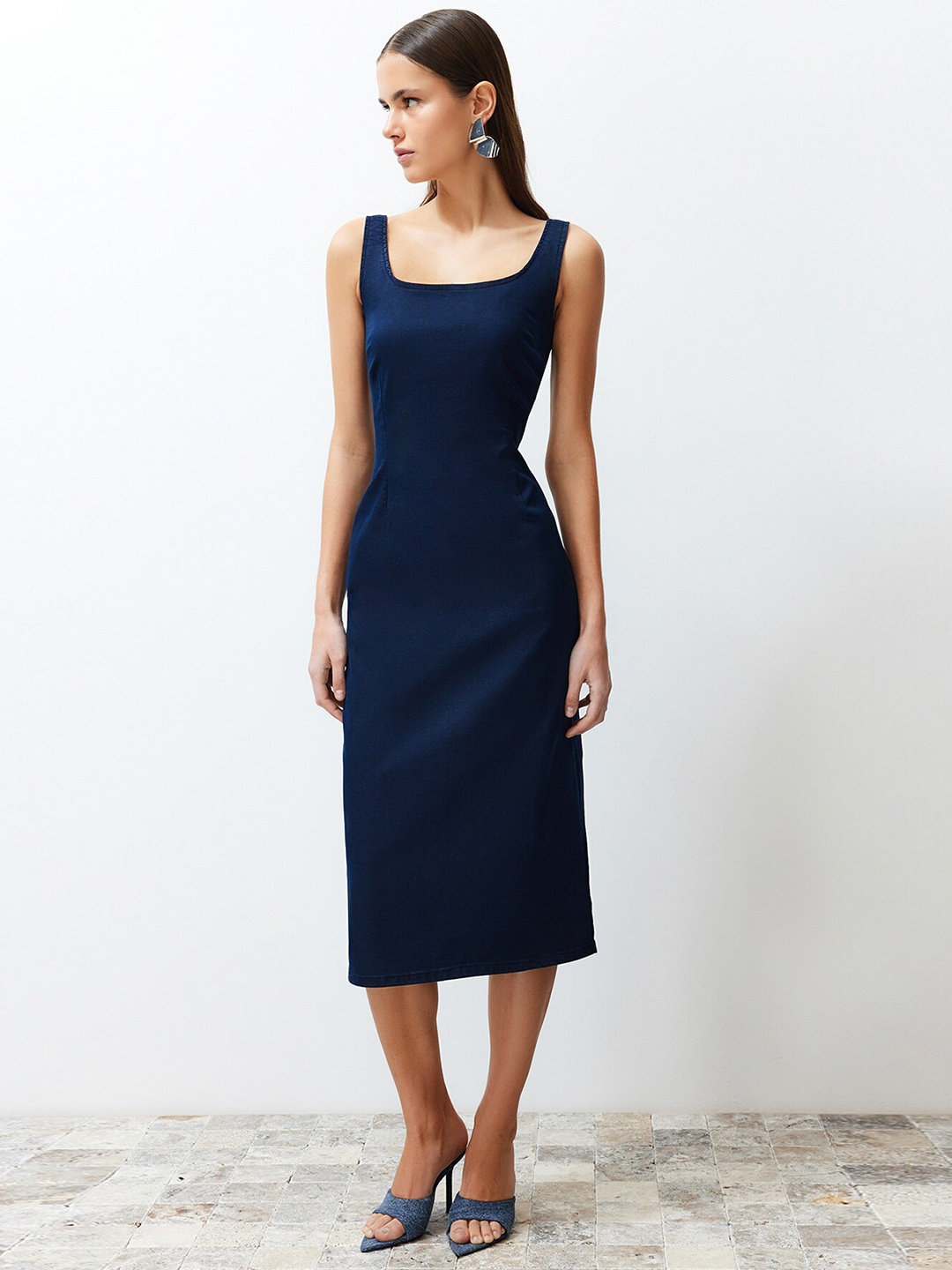 

Trendyol Square Neck Sheath Midi Dress, Navy blue