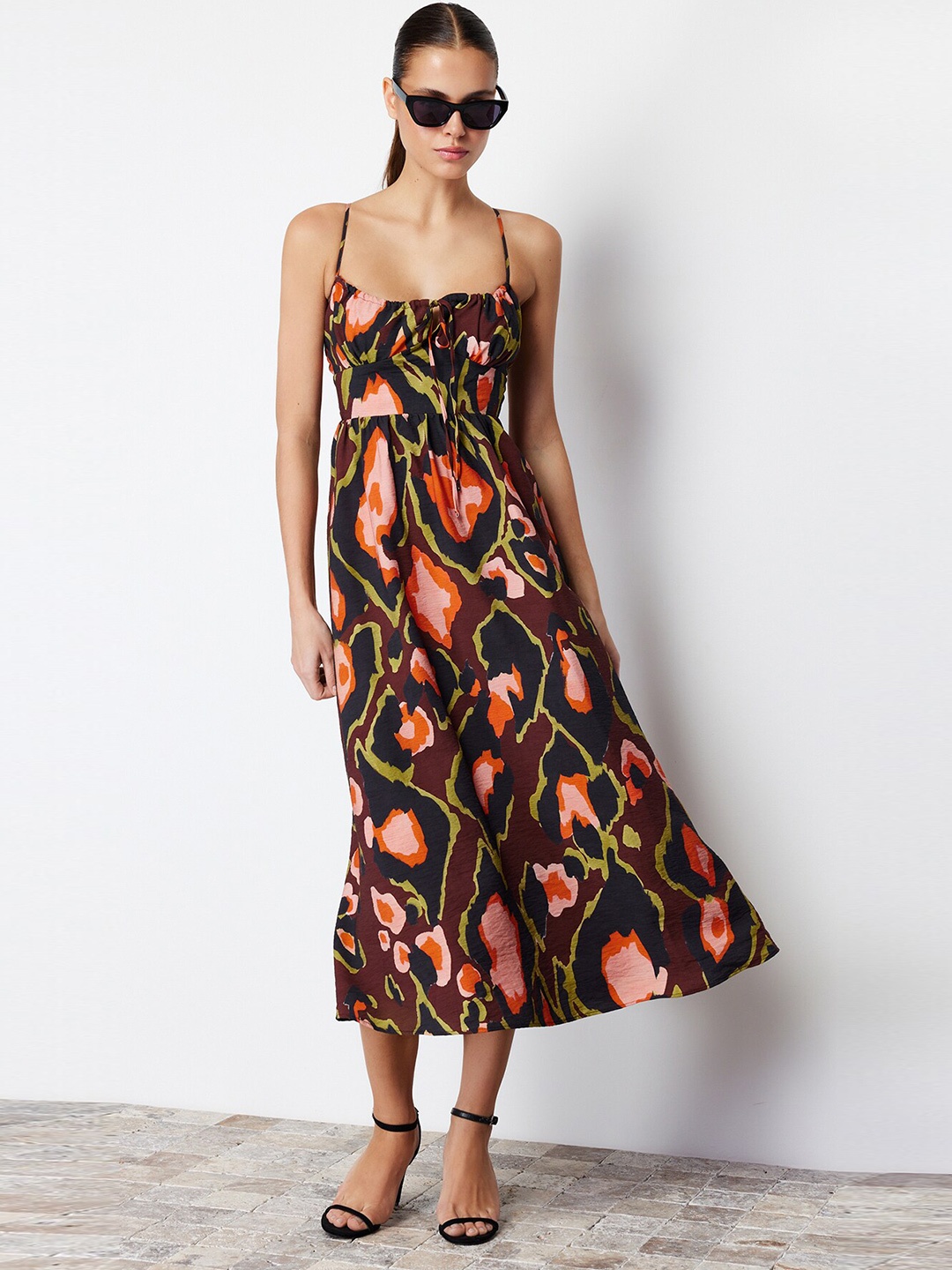 

Trendyol Abstract Printed A-Line Midi Dress, Brown