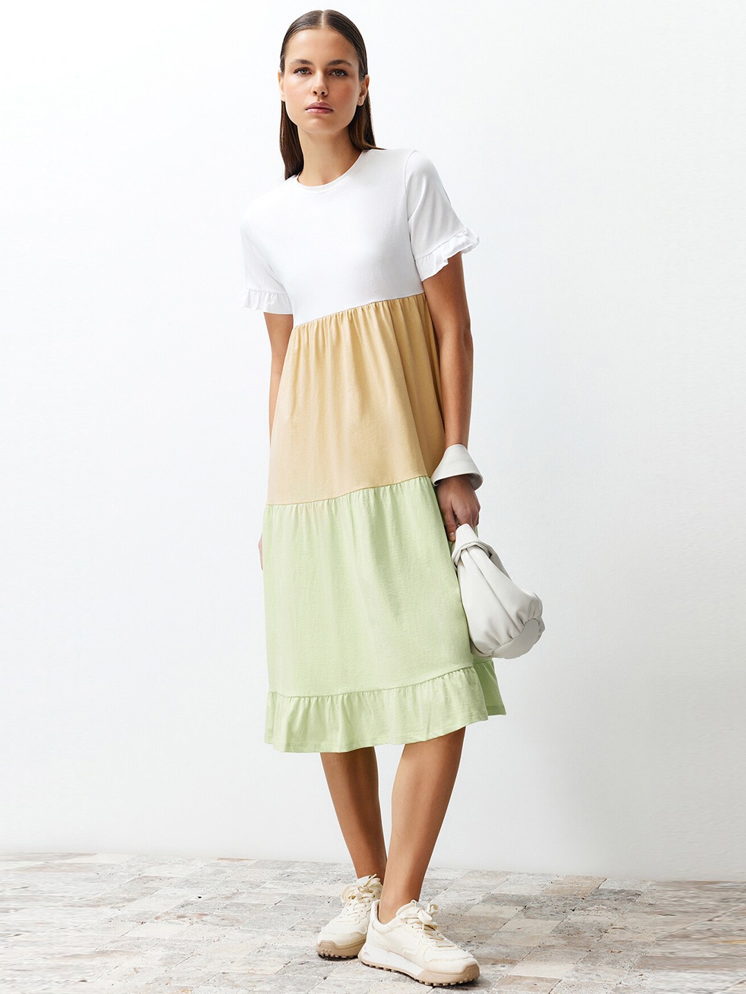 

Trendyol Colourblocked Cotton A-Line Midi Dress, White