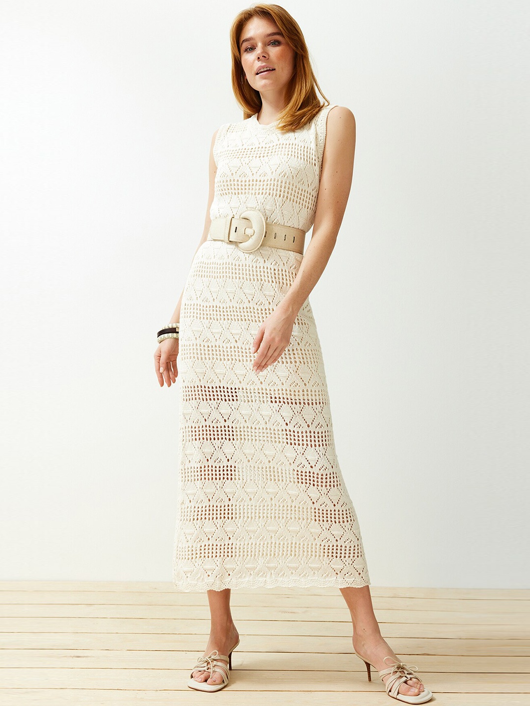 

Trendyol Self Design Pure Cotton Sheath Midi Dress, Off white