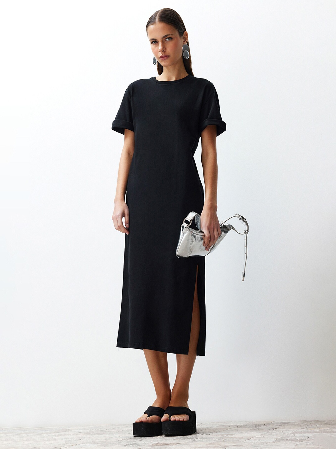 

Trendyol Flared Sleeves Pure Cotton A-Line Midi Dress, Black