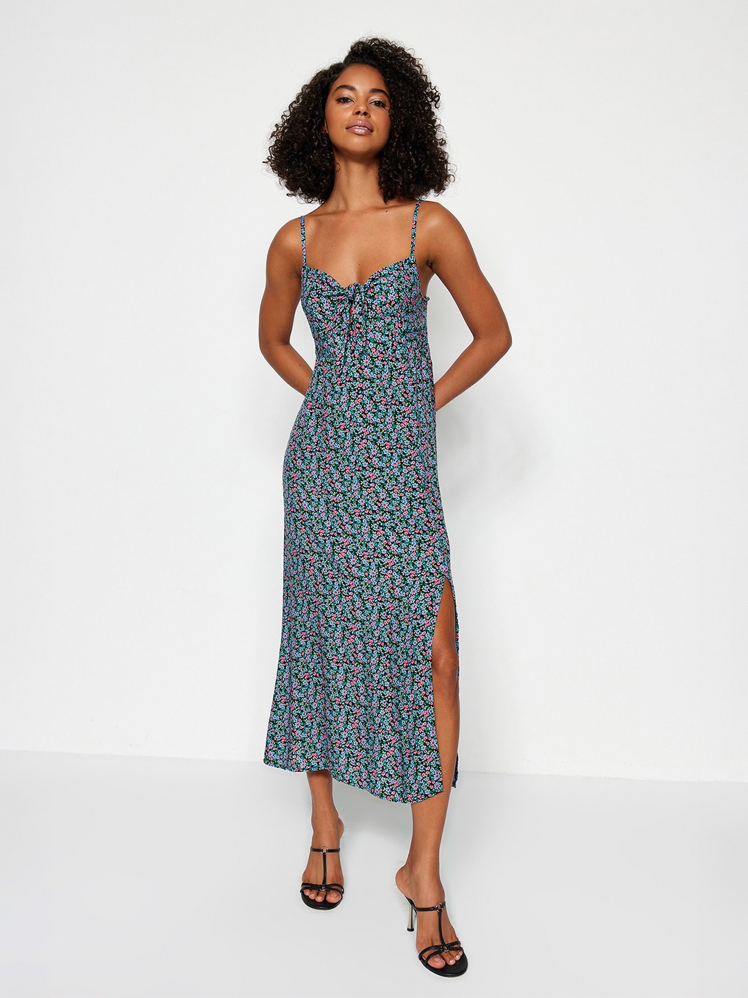 

Trendyol Floral Printed Shoulder Straps A-Line Maxi Dress, Blue
