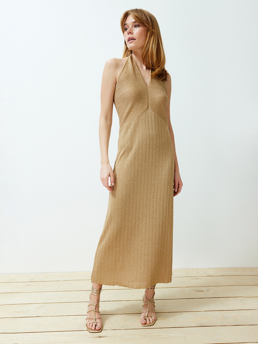 

Trendyol Ribbed Halter Neck Sheath Midi Dress, Camel brown