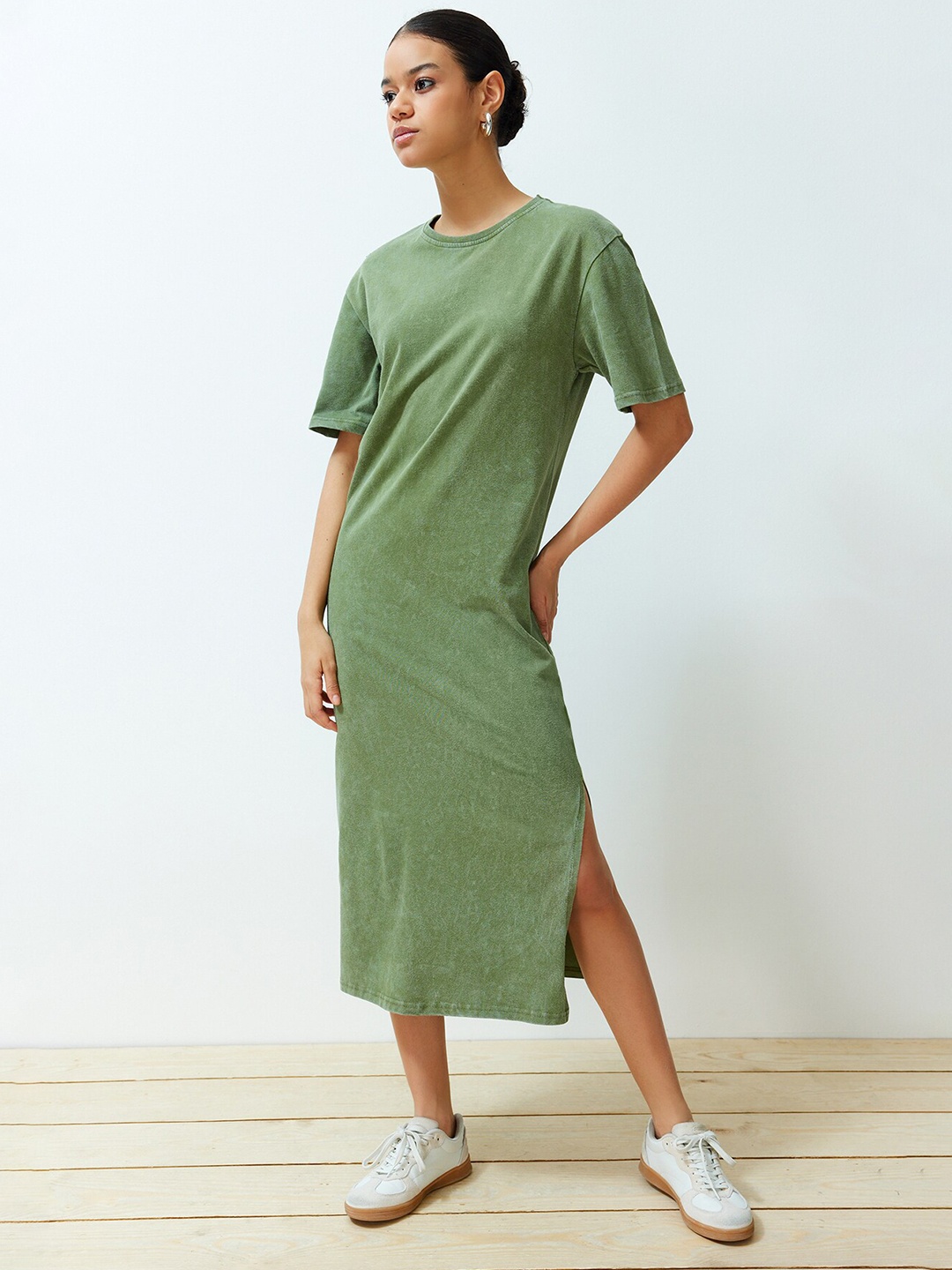 

Trendyol Pure Cotton T-shirt Midi Dress, Khaki