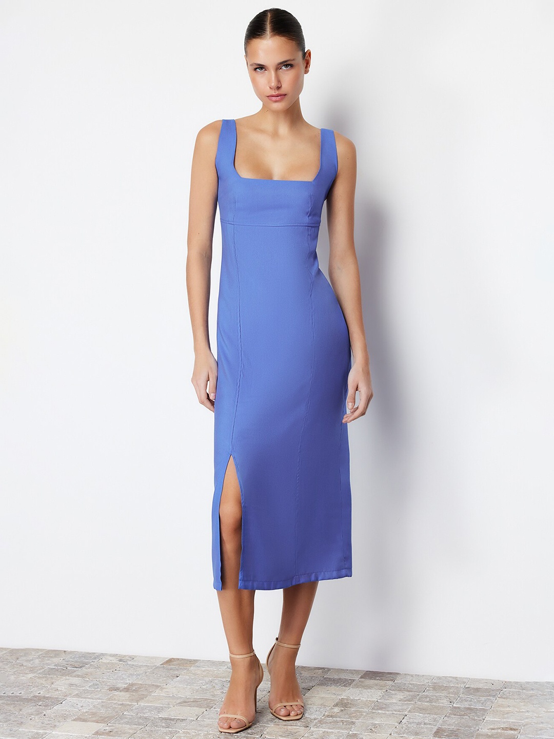 

Trendyol Sleeveless Square Neck Sheath Midi Dress, Blue