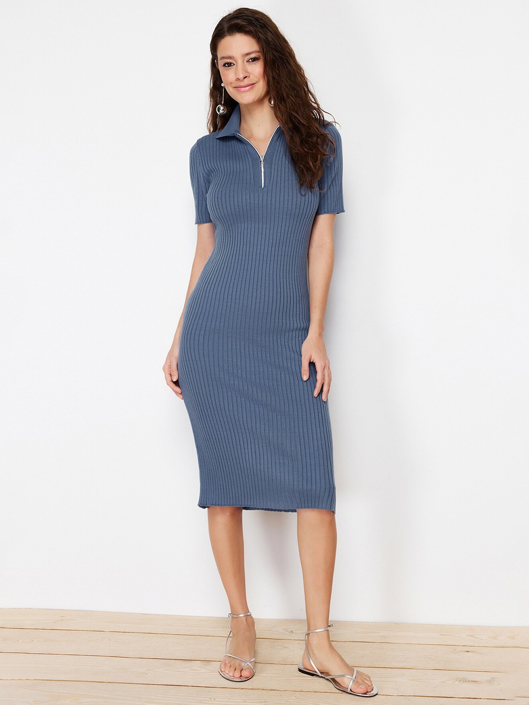 

Trendyol Striped Shirt Collar Bodycon Midi Dress, Blue