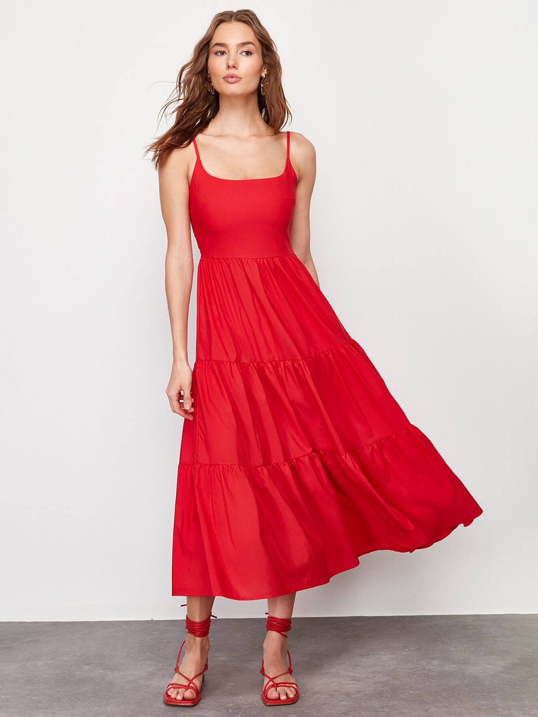 

Trendyol Shoulder Straps Gathered Tiered A-Line Midi Dress, Red