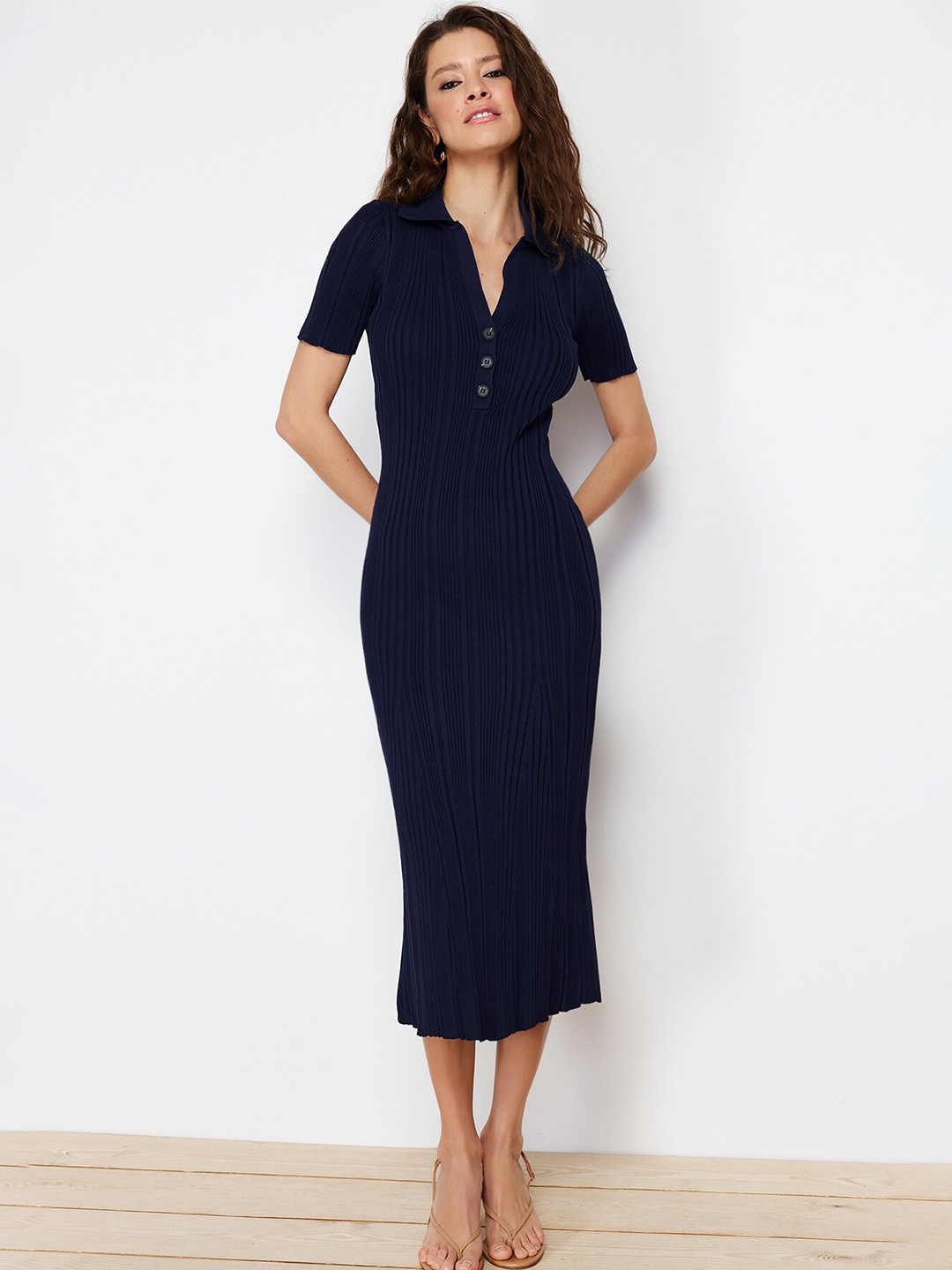 

Trendyol Self Design Shirt Collar Acrylic Midi Sheath Dress, Navy blue