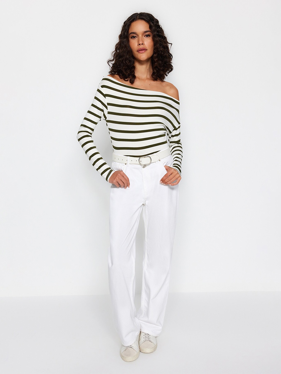 

Trendyol One Shoulder Long Sleeveless Striped Cotton Top, Na