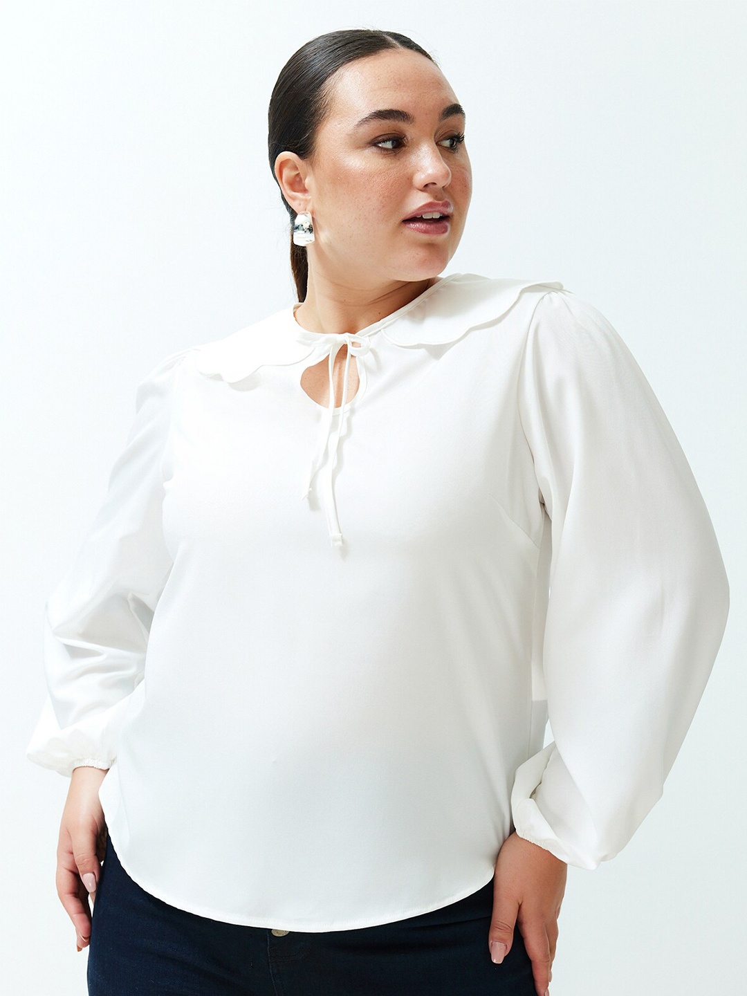 

Trendyol Plus Size Tie-Up Neck Puff Sleeve Top, White