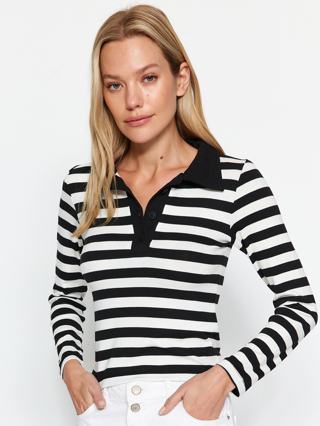 

Trendyol Striped Shirt Collar Top, Black