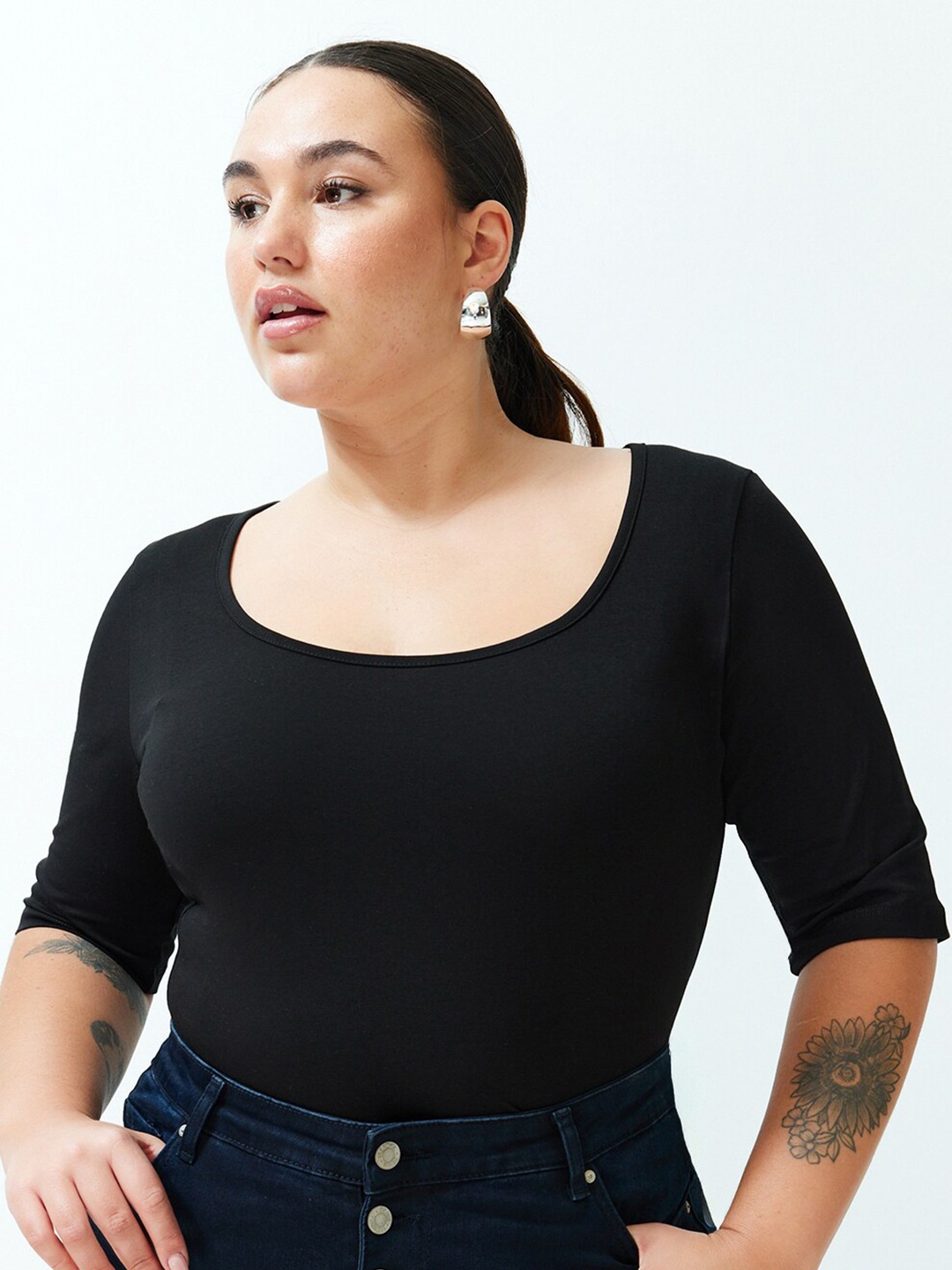 

Trendyol Plus Size Scoop Neck Pure Cotton Top, Black