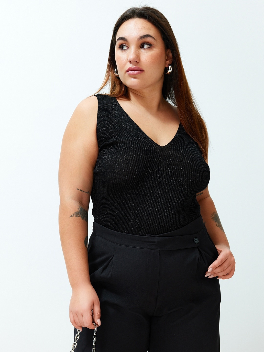 

Trendyol Plus Size Self Design V-Neck Sleeveless Top, Black