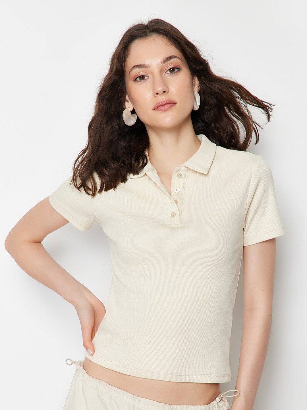 

Trendyol Polo Collar Cotton Shirt Style Top, Beige