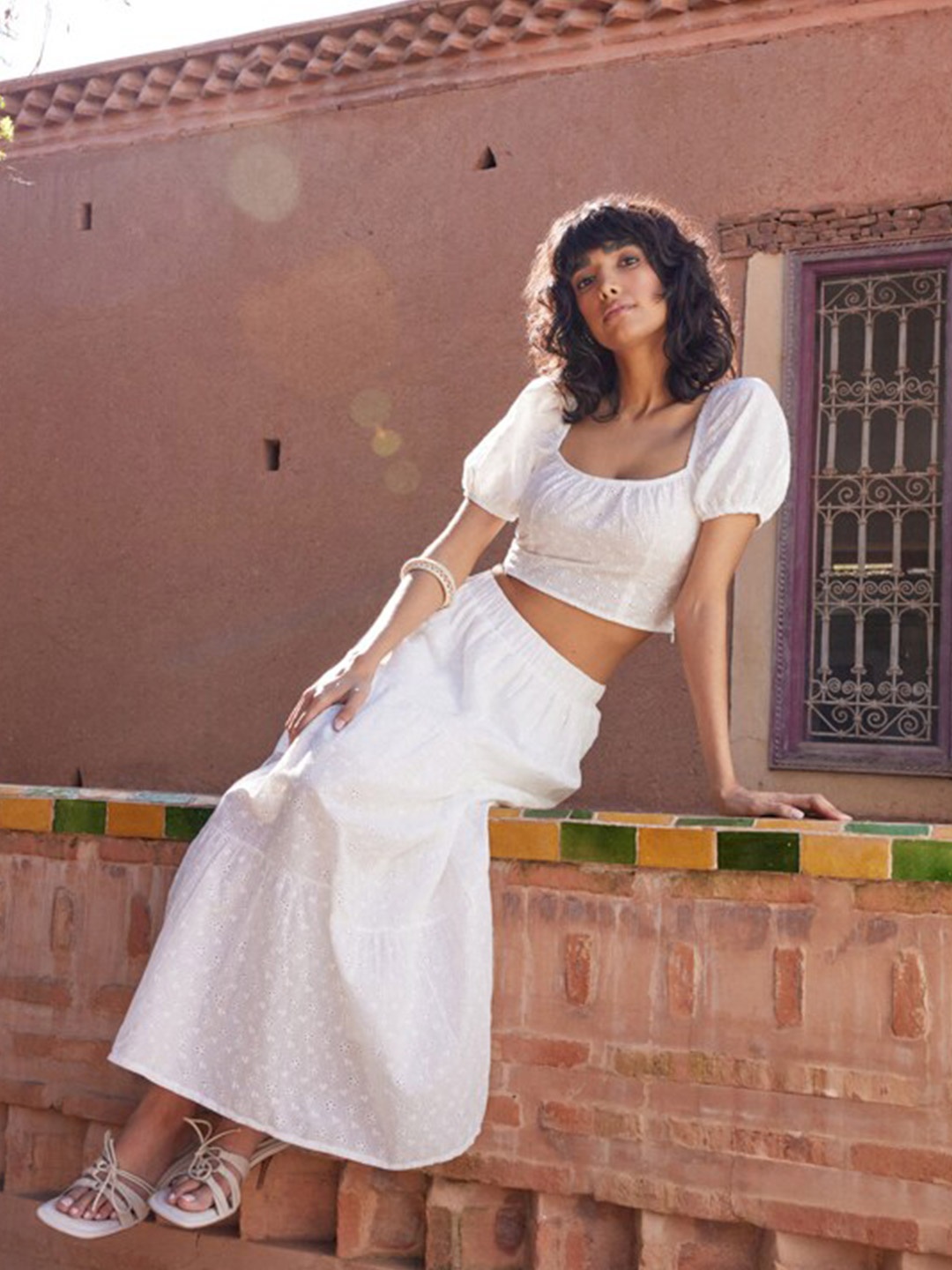 

Trendyol Self Design Square Neck Puff Sleeve Cotton Crop Top, White