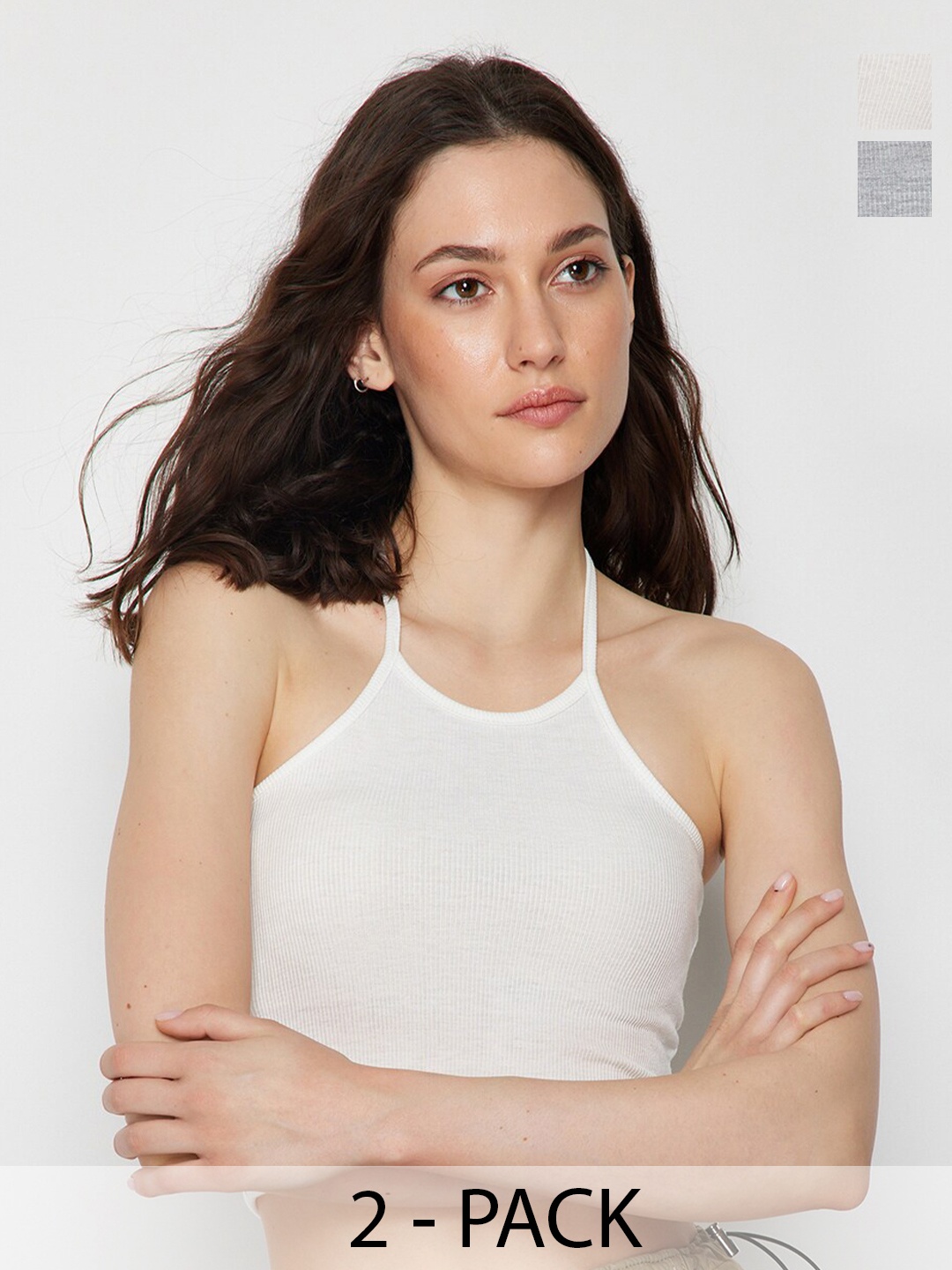

Trendyol Pack of 2 Shoulder Straps Sleeveless Fitted Crop Top, Grey
