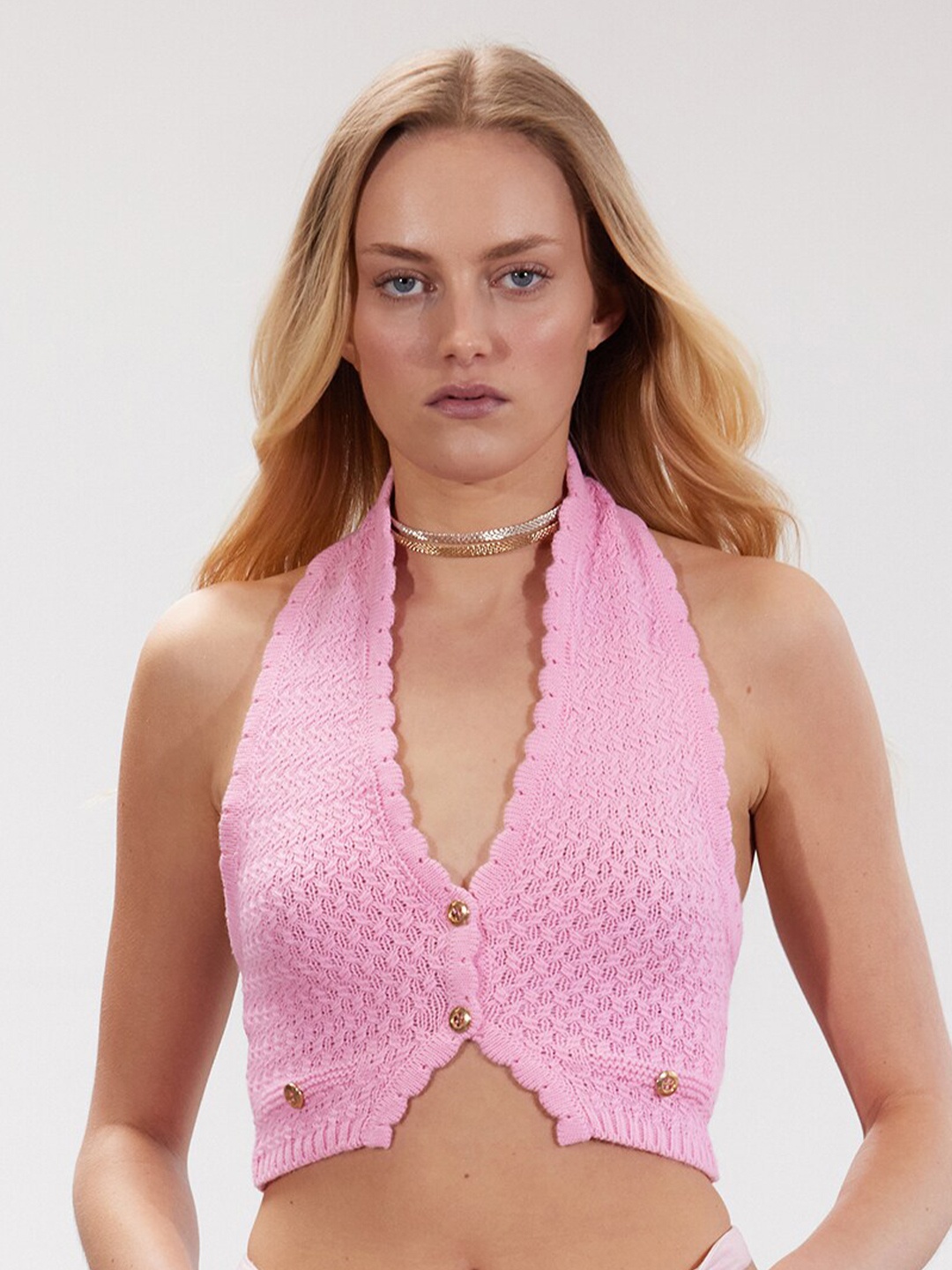 

Trendyol Self Design V-Neck Crop Top, Pink