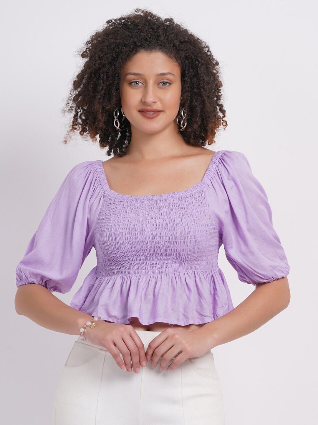 

SIGHTBOMB Puff Sleeve Cotton Peplum Crop Top, Purple