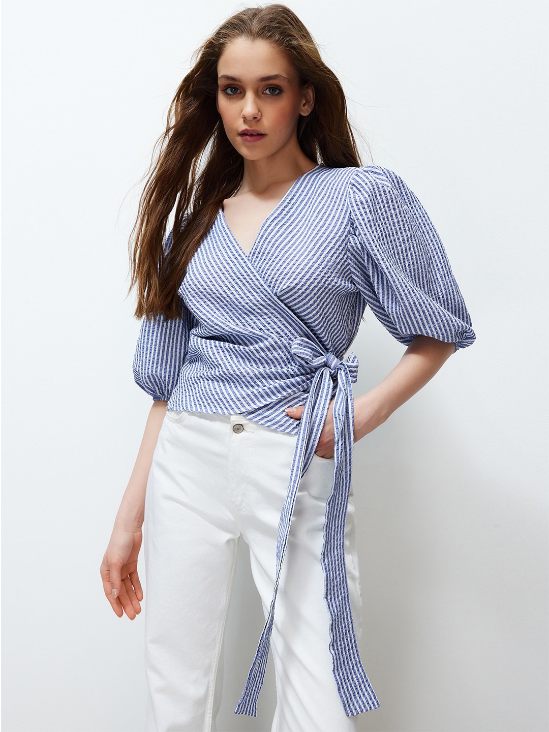 

Trendyol Striped Puff Sleeve Tie-Ups Cotton Wrap Top, Blue