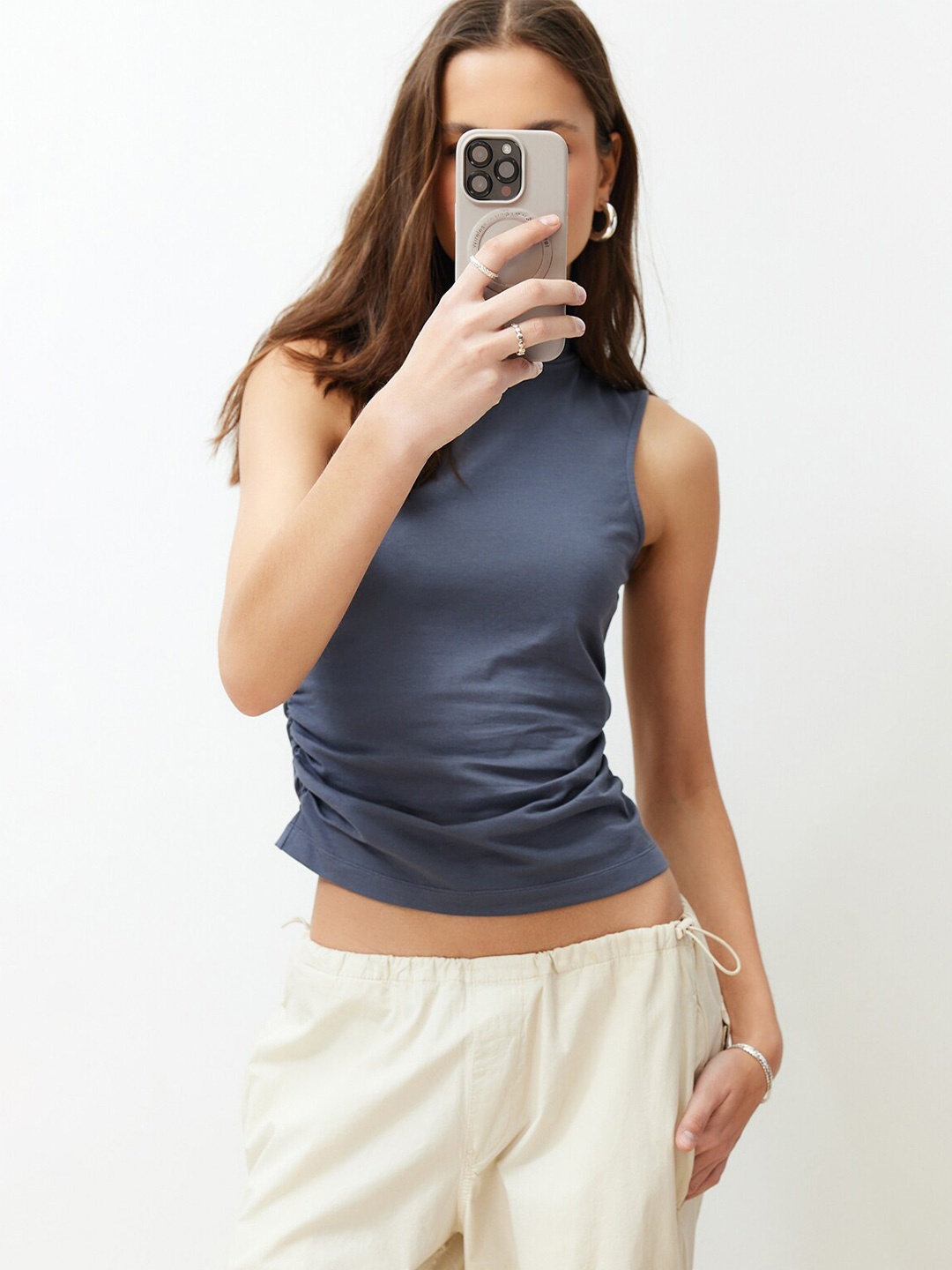 

Trendyol High Neck Fitted Crop Top, Grey