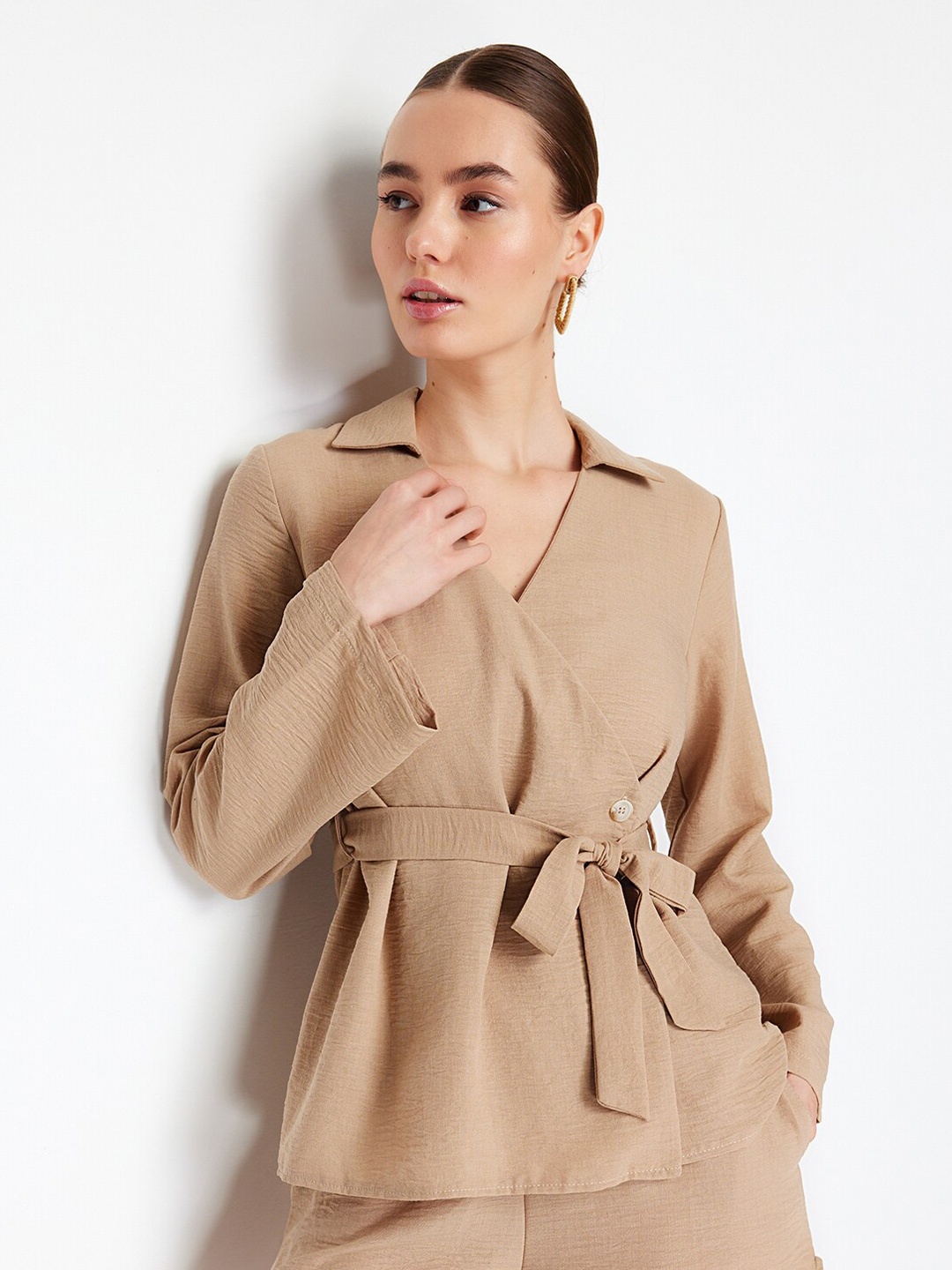 

Trendyol Long Sleeves Shirt Collar Wrap Top, Beige