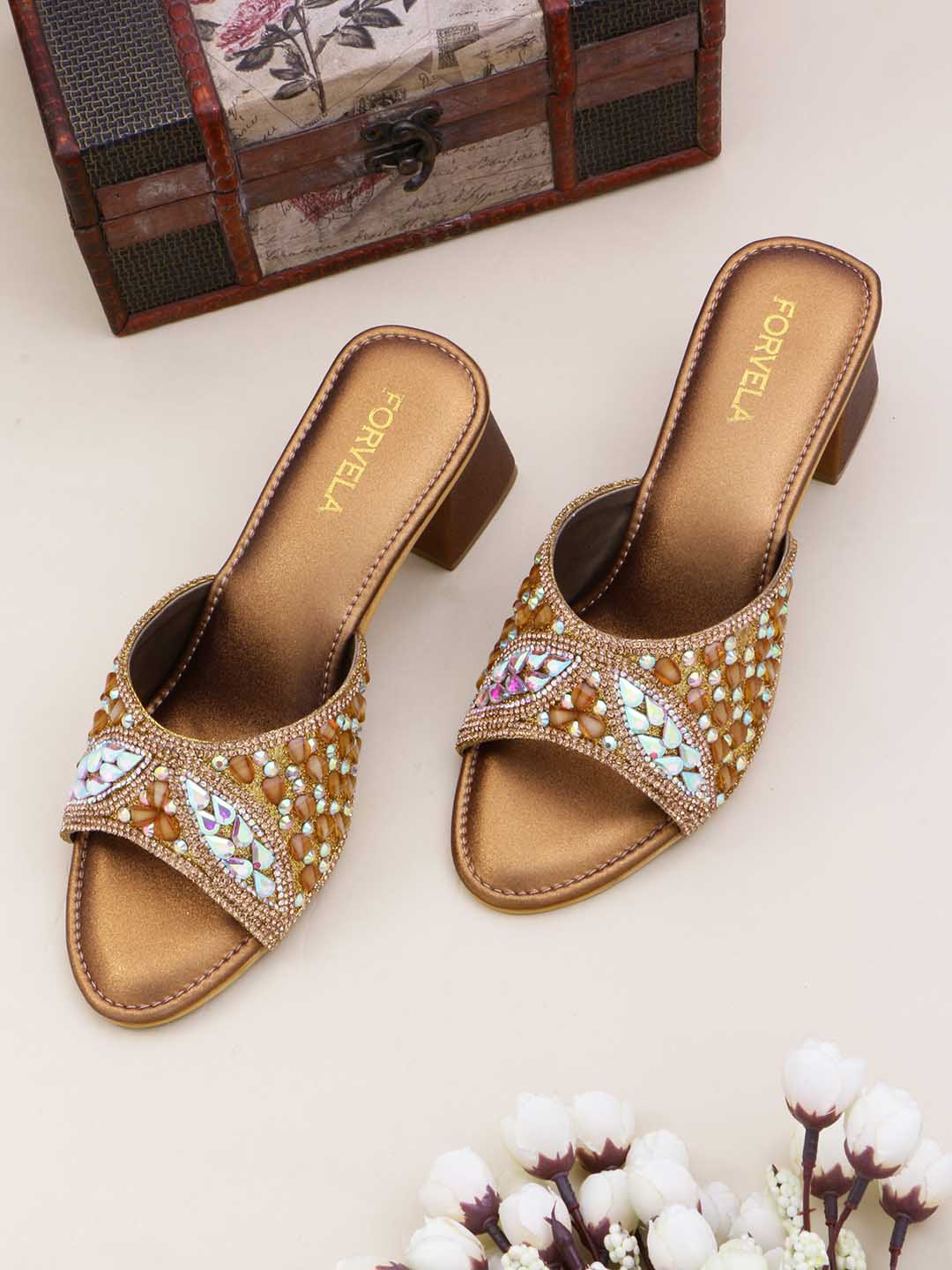 

FORVELA Embellished Open Toe Block Heels, Gold